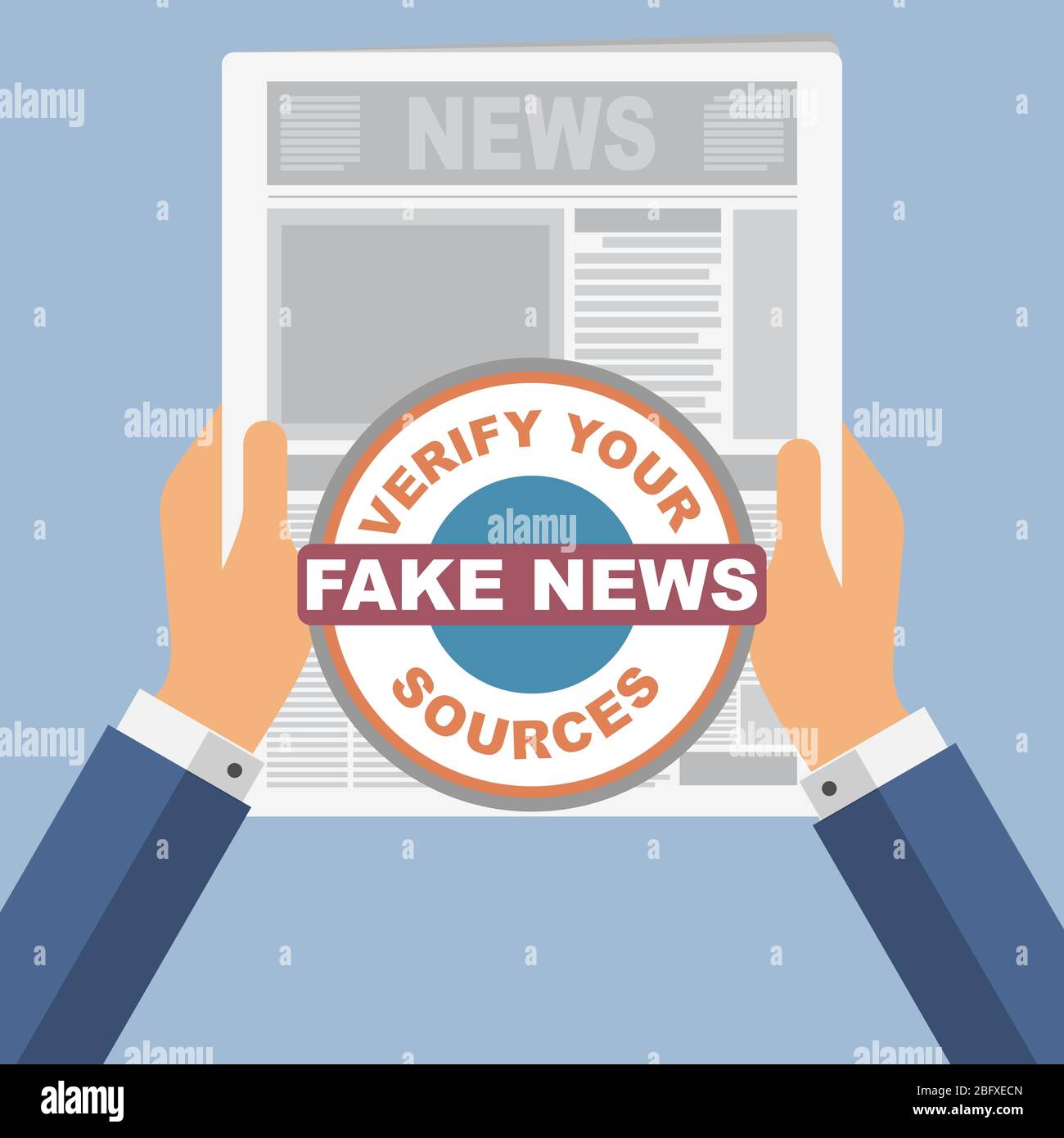 Hände eines Mannes, der eine Zeitung mit dem Text Fake News darauf hält Stock Vektor