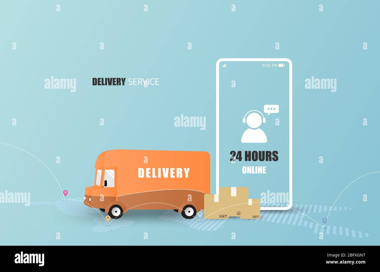 Online Delivery Service Konzept. Mobile Auftragsverfolgung. Lieferwagen zum Ziel. Online-Logistik. Lieferung auf dem Smartphone. Vektorgrafik Stock Vektor
