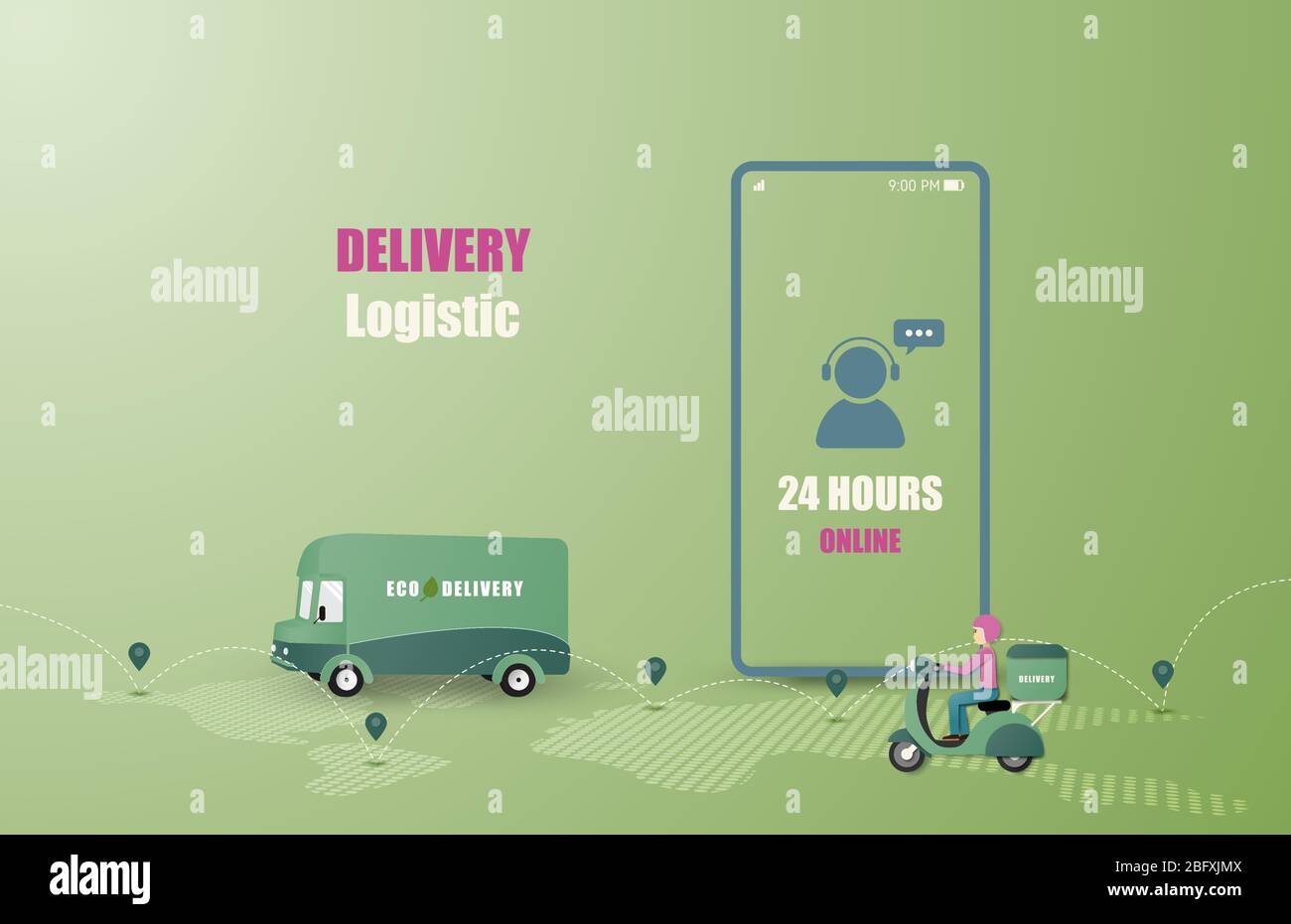 Online Delivery Service Konzept. Mobile Auftragsverfolgung. Lieferwagen und Motorrad zum Ziel. Online-Logistik. Lieferung auf dem Smartphone. Vektor il Stock Vektor