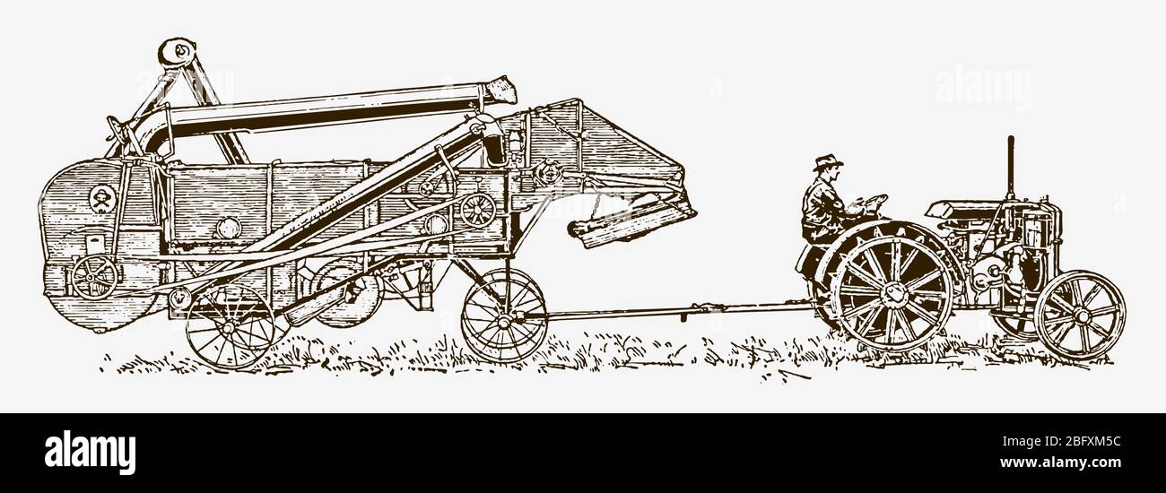 Historischer Bauer sitzt auf einem Traktor und zieht eine angeschlossene Dreschmaschine, in Seitenansicht. Illustration nach einem Stich aus dem frühen 20. Jahrhundert Stock Vektor