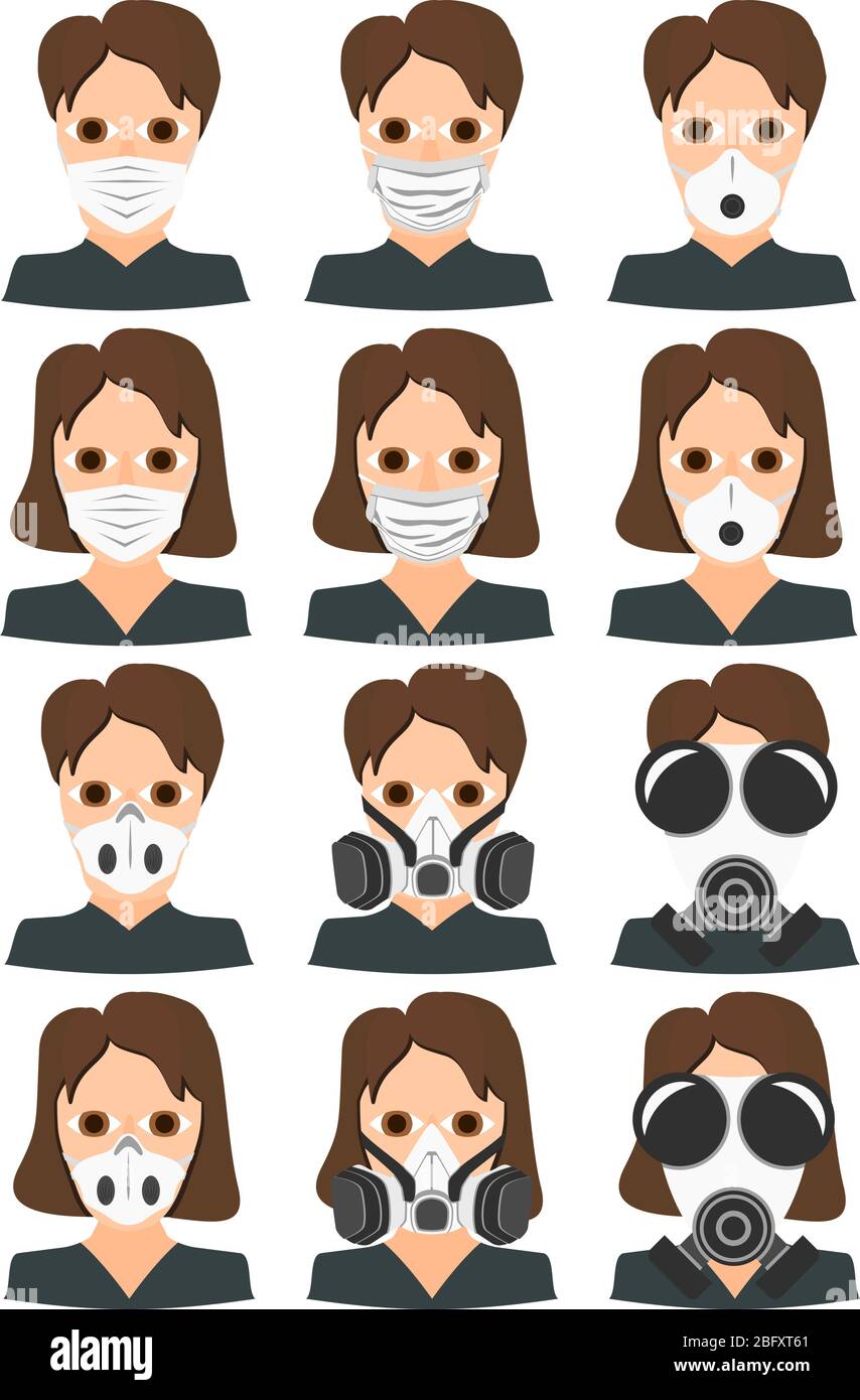 Ein grafisches Set von Personen mit Atemschutzmasken, die auf Baustellen oder in Krankenhäusern verwendet werden. Die Masken halten alle Viren, Bakterien und Schadstoffe ab. Stock Vektor