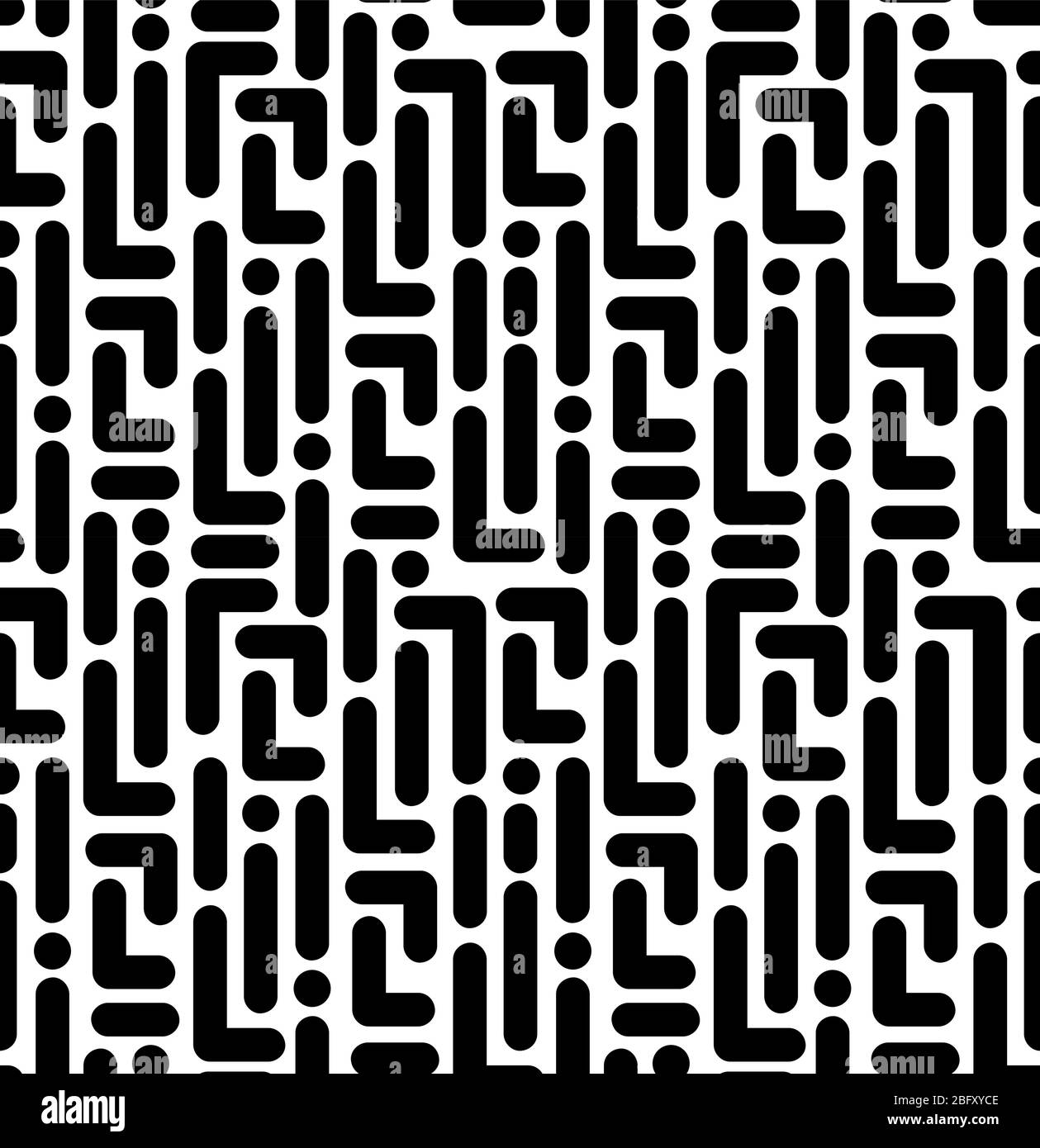 Memphis schwarz weiß Muster als Labyrinth. Einfaches nahtloses Muster von Geometrieformen. Abstrakter Hintergrund, Vektorgrafik. Stock Vektor