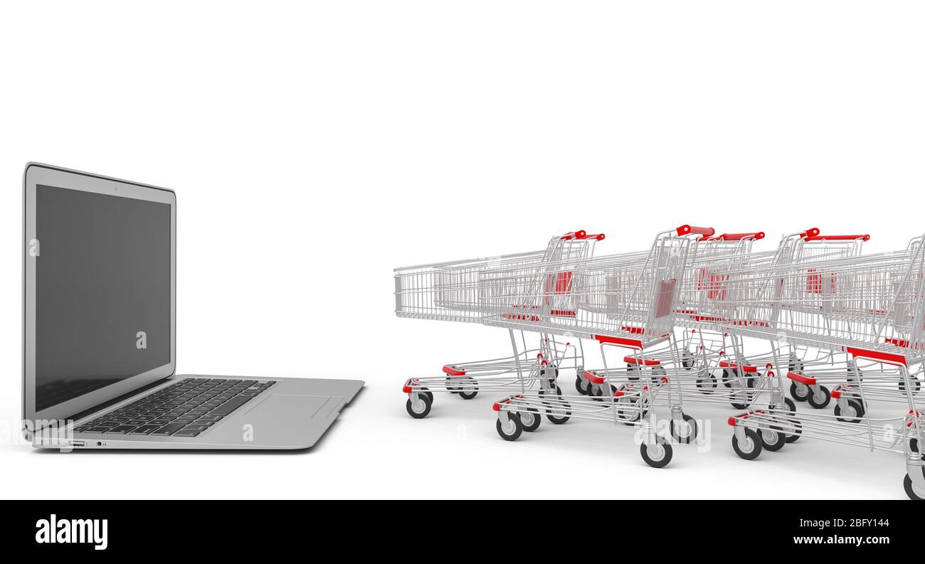 Einkaufswagen in der Warteschlange warten auf den Zug zum Online-Shopping. 3d Render, E-Commerce Konzept. Niemand da. Stockfoto