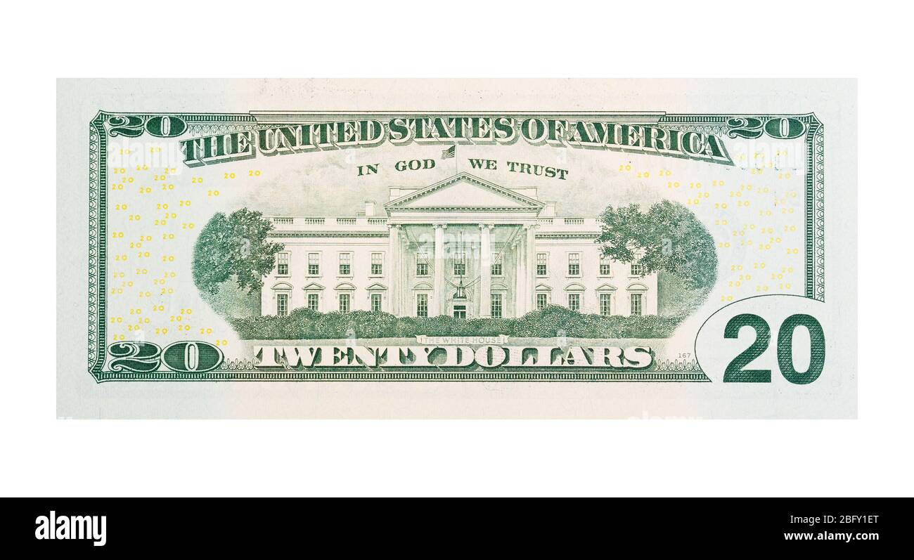Zwanzig Banknoten US-Dollar isoliert auf weißem Hintergrund. Stockfoto