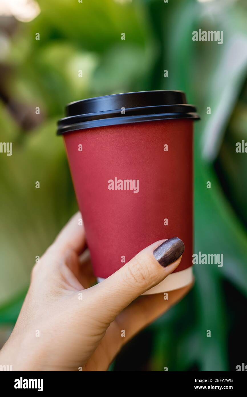 Frau Hand hält rote Tasse Kaffee auf grünem natürlichen Hintergrund. Stockfoto