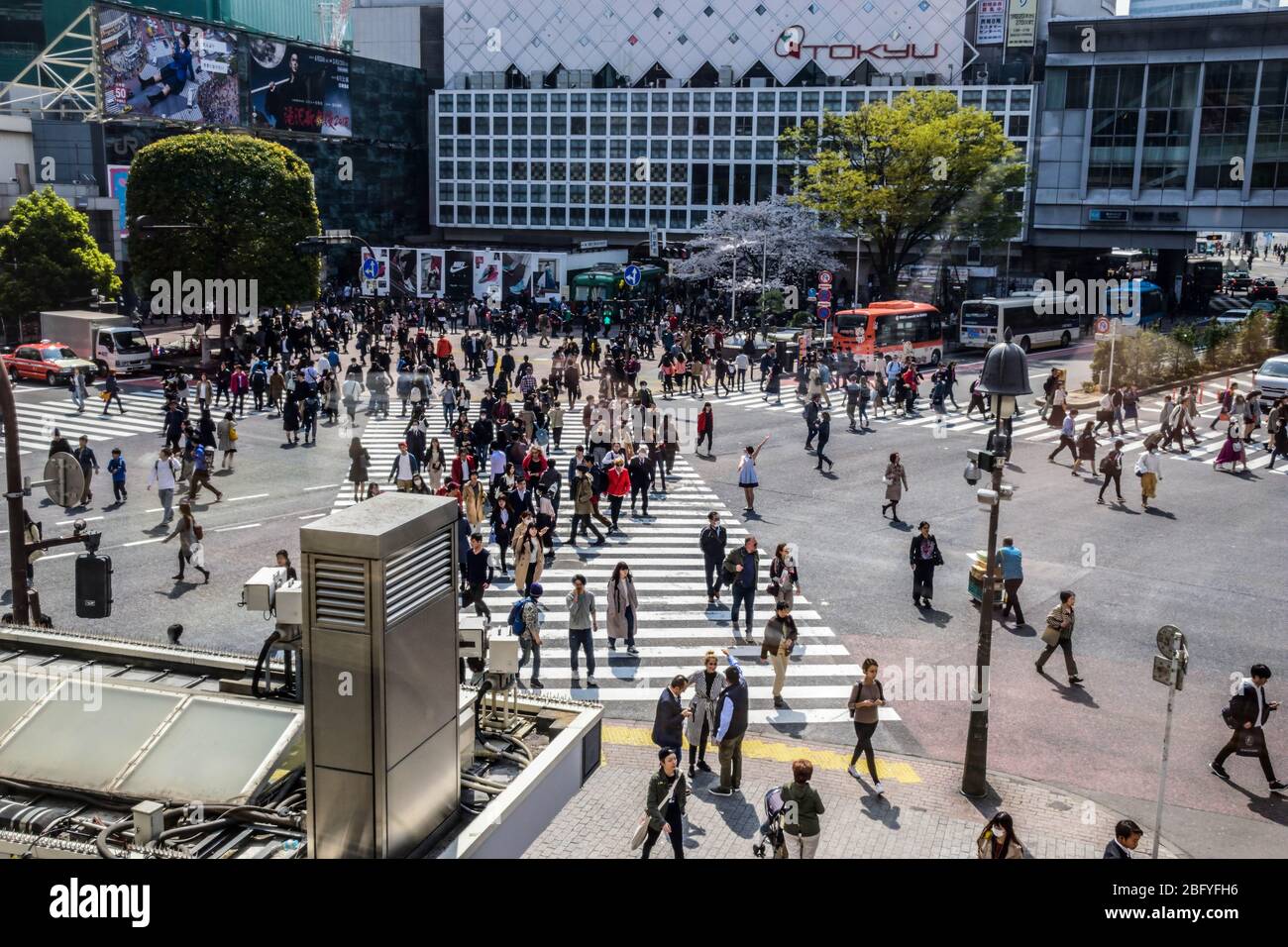 Überfüllte Shibuya Kreuzung im geschäftigen Stadtzentrum von Tokio Stockfoto