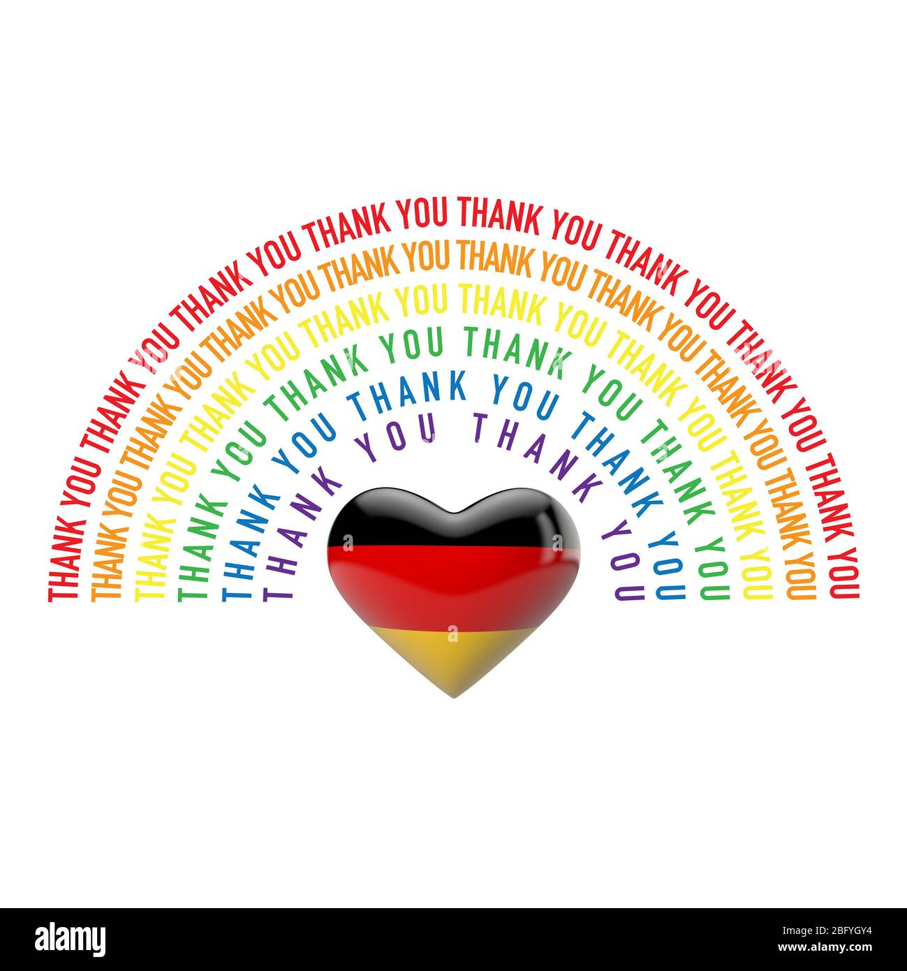 Danke Regenbogen mit Deutschland Flagge Herz. 3D-Rendering Stockfoto