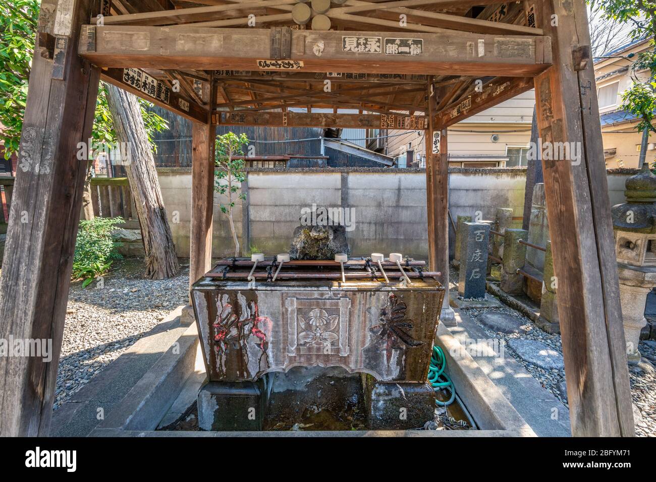 Tokio, Japan - 18. März 2019 : Temizuya Wasserwaschung Pavillon in Soshido Hall des Zuirinji Tempel, Nichiren Buddhist School. Befindet sich in Yanaka Distr Stockfoto