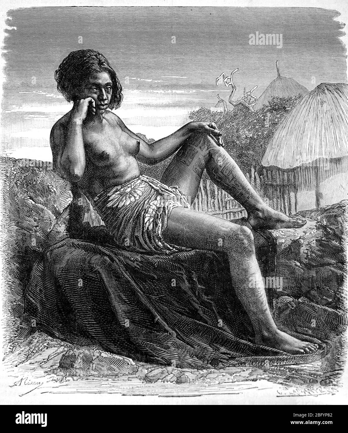 Einheimische Tattoed Frau aus Taiohae, Nuku Hiva, Marquesas Inseln. Französisch-Polynesien. Stich von C. Laplante nach Miot. Stockfoto