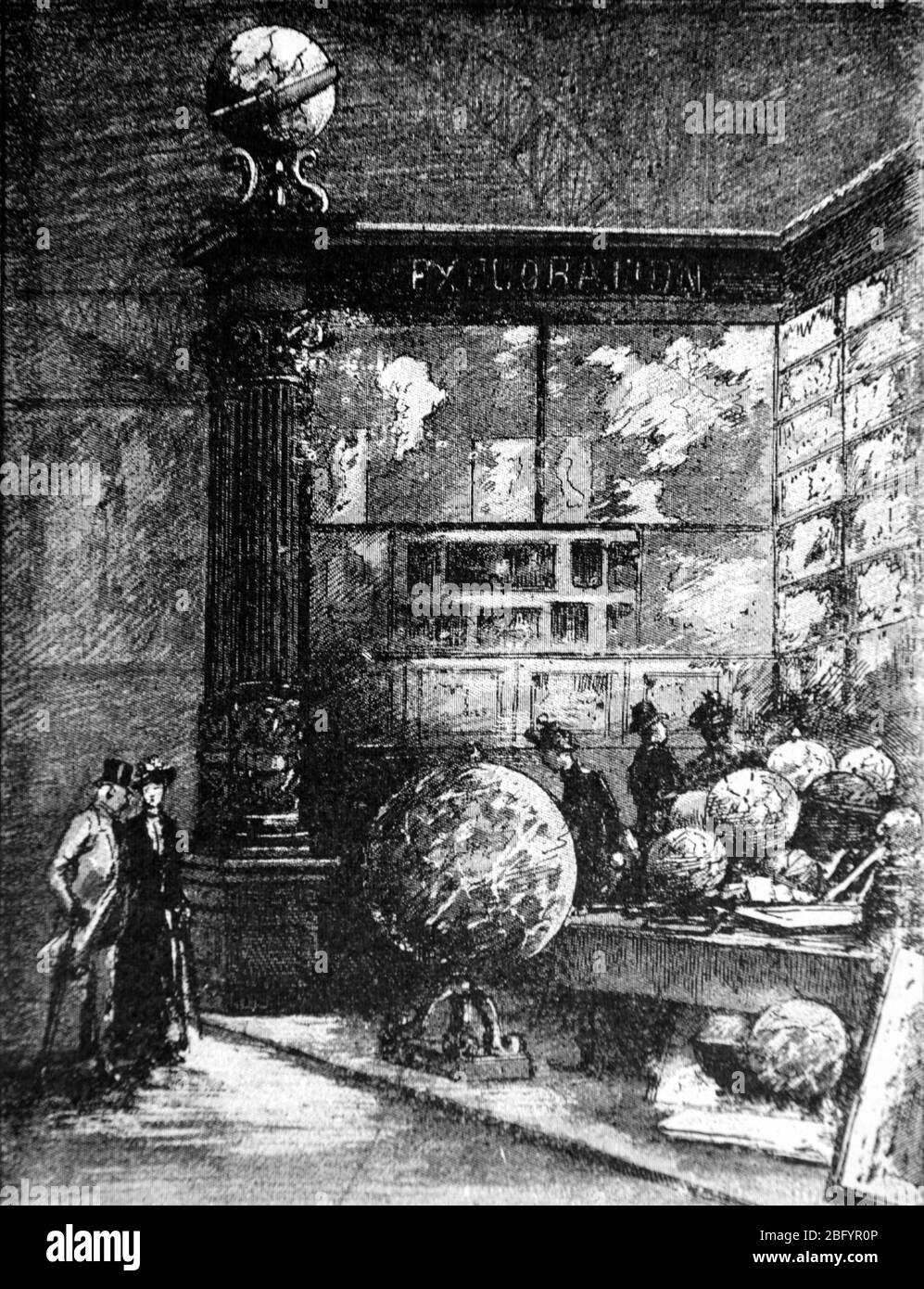 Innenraum des Kartensaals mit Globen der französischen Société de Géographie Paris, der ältesten Geographischen Gesellschaft der Welt, gegründet 1821. Vintage oder Alte Illustration oder Gravur 1889 Stockfoto