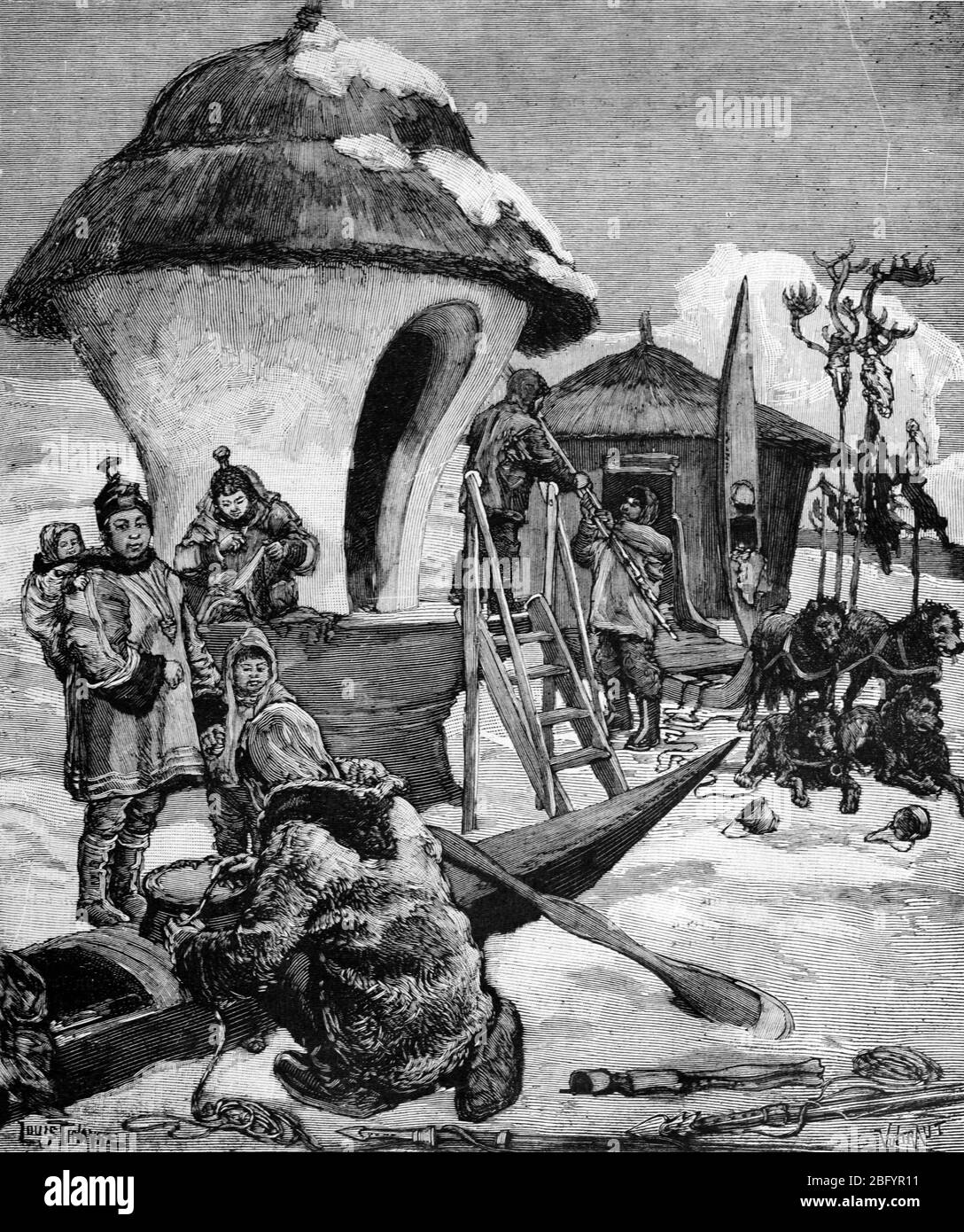 Seltsame Pilz-förmige Inuit oder Eskimo Häuser, Iglus oder Hütten und Inuit Vorbereitung Kanus oder Seekajaks Arktis Region. Vintage oder Alte Illustration oder Gravur 1889 Stockfoto