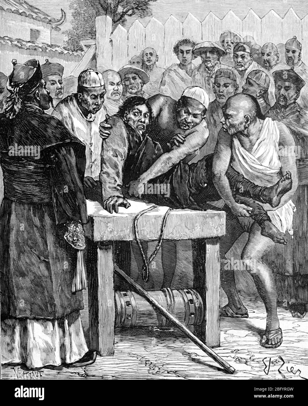 Todesstrafe oder öffentliche Hinrichtung durch Dehnung oder Zerstückelung in China. Vintage oder Alte Illustration oder Gravur 1890 Stockfoto