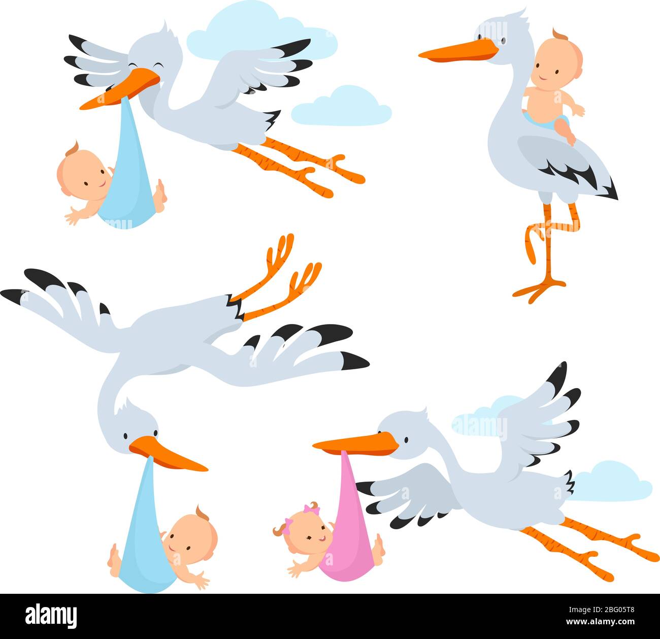 Cartoon fliegende Störche und Storchvögel tragen Baby Vektor-Set. Storchvogel mit Baby, fliegen und tragen in Schnabeldarstellung Stock Vektor