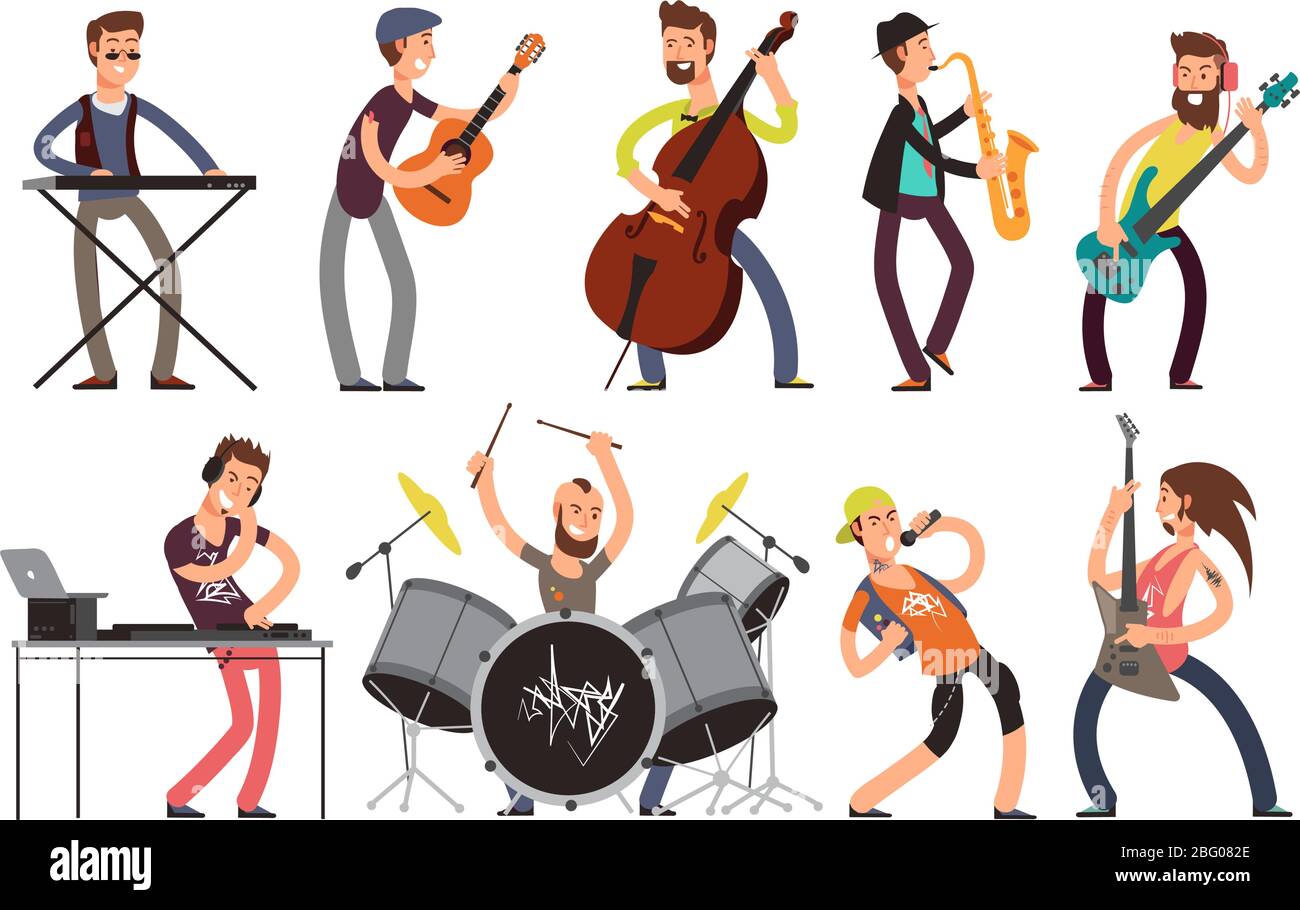 Rock n Roll Musik Band Vektor-Charaktere mit Musikinstrumenten. Musiker, die Musik spielen. Konzertmusik mit Gitarre und Sänger-Besetzung Stock Vektor