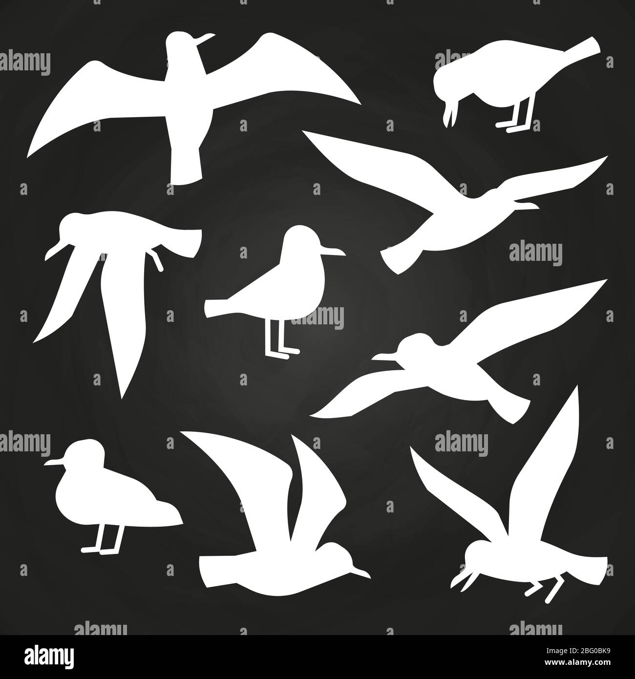 Weiße Vögel-Silhouetten auf Kreidetafel - fliegende Möwen-Silhouetten. Vektorgrafik Stock Vektor