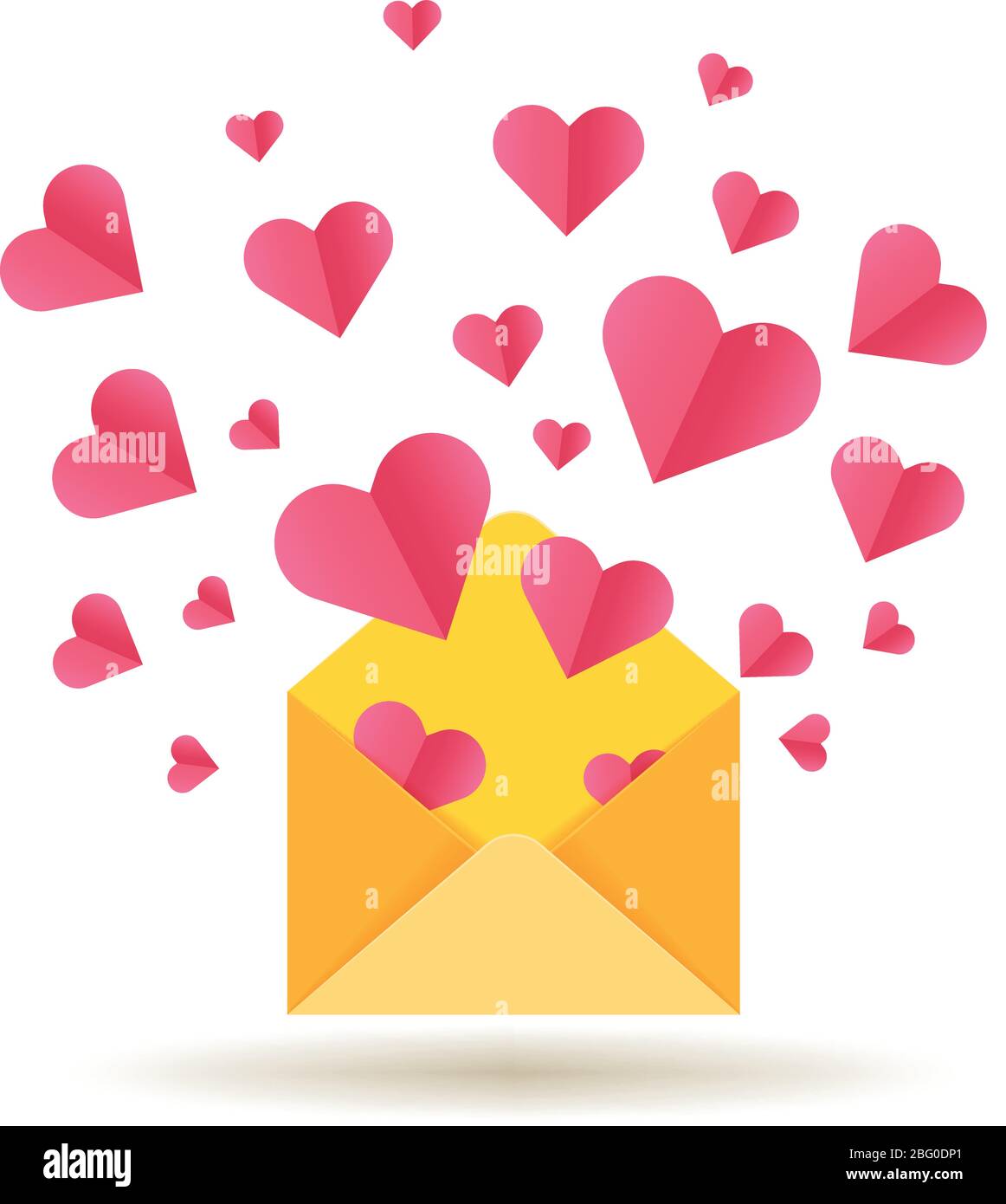 Happy Valentines Day Vektorkarte mit offenem Umschlag und roten Herzen. Umschlag mit rotem Herz, valentine romantische Mail Illustration Stock Vektor