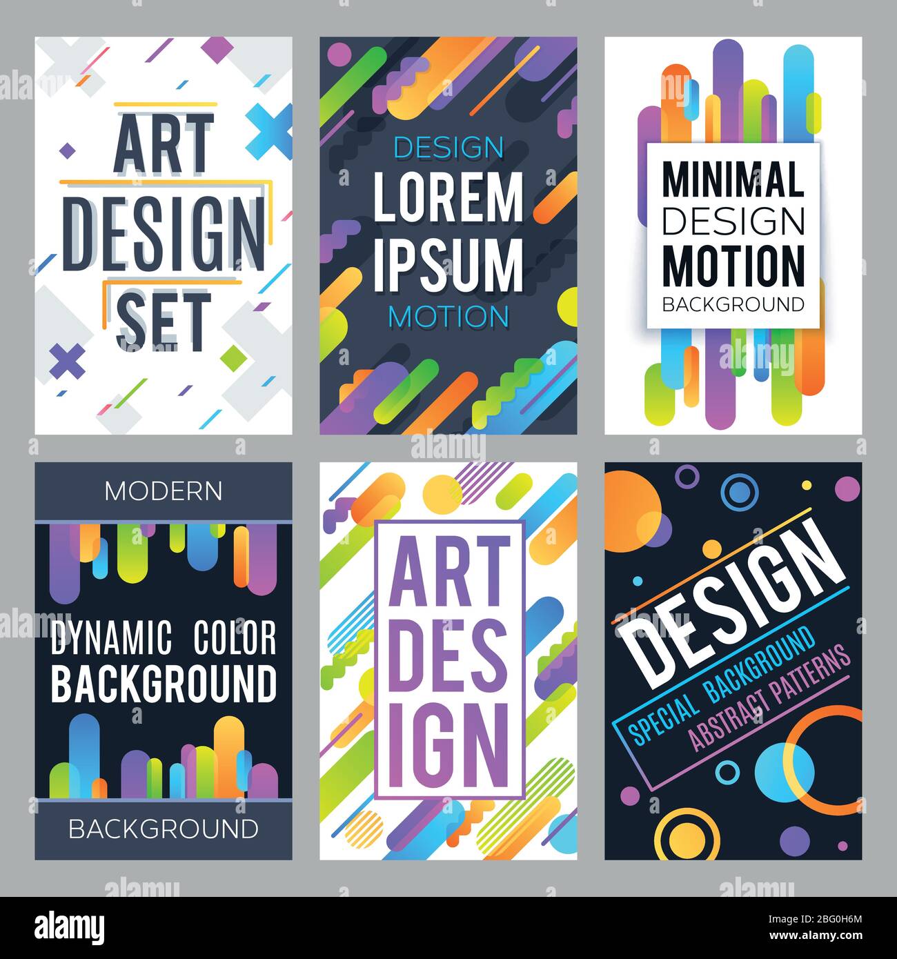 Minimalistisches Design Vektor Hintergrund mit abstrakten dynamischen Farbformen und trendigen geometrischen Mustern Vektor-Set. Illustration von farbigen dynamischen trendigen b Stock Vektor