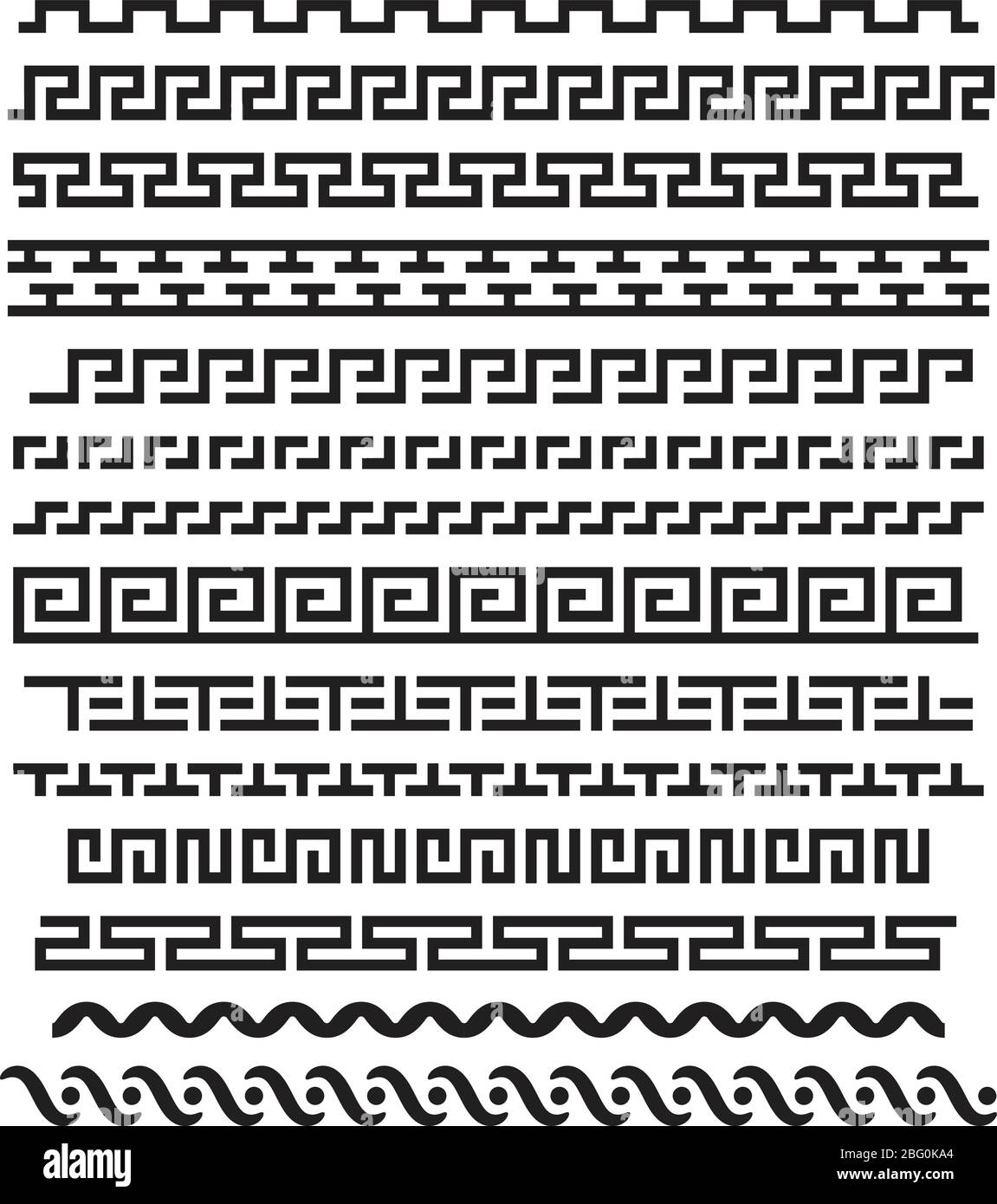 antikes griechisches Ornament. Vektor nahtlose horizontale Ränder. Antike nahtlose griechische Dekoration Rand Set Illustration Stock Vektor