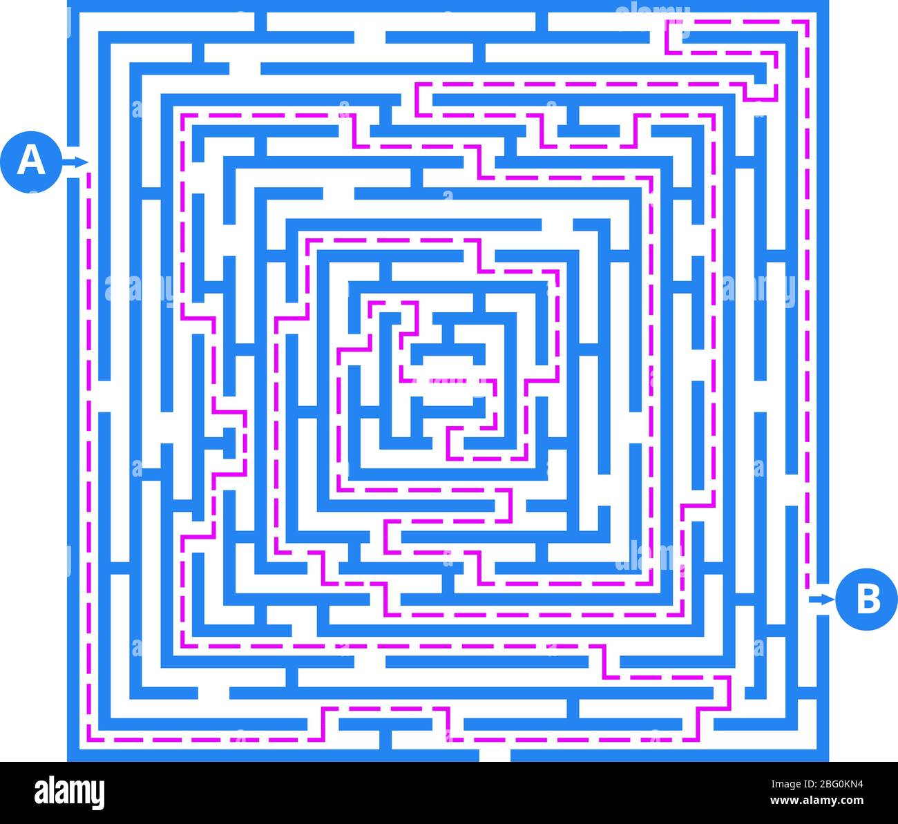 Gehirn Spiel Labyrinth. Vektor-Labyrinth mit Eingang, Ausgang und richtigen Weg zu gehen. Labyrinth Puzzle-Spiel, Richtung, um Illustration zu beenden Stock Vektor