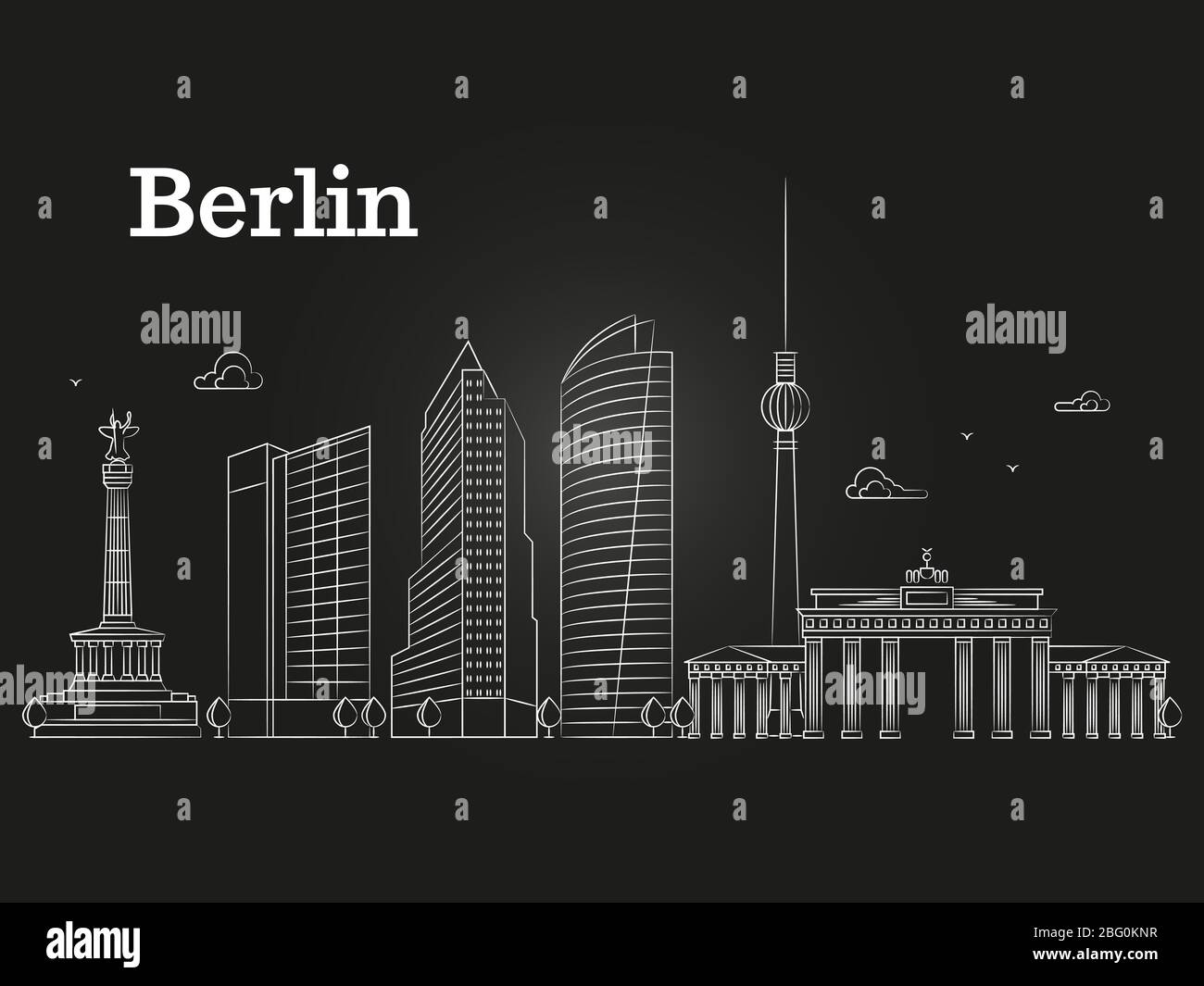 Deutschland Berlin Linie Vektor Landschaft, Stadt Panorama Häuser auf schwarzem Hintergrund. Vektorgrafik Stock Vektor