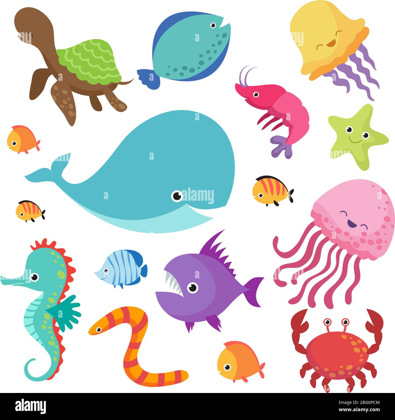 Cartoon Kinder Aquarium und wilde Meer Fische Vektor-Set. Fisch und