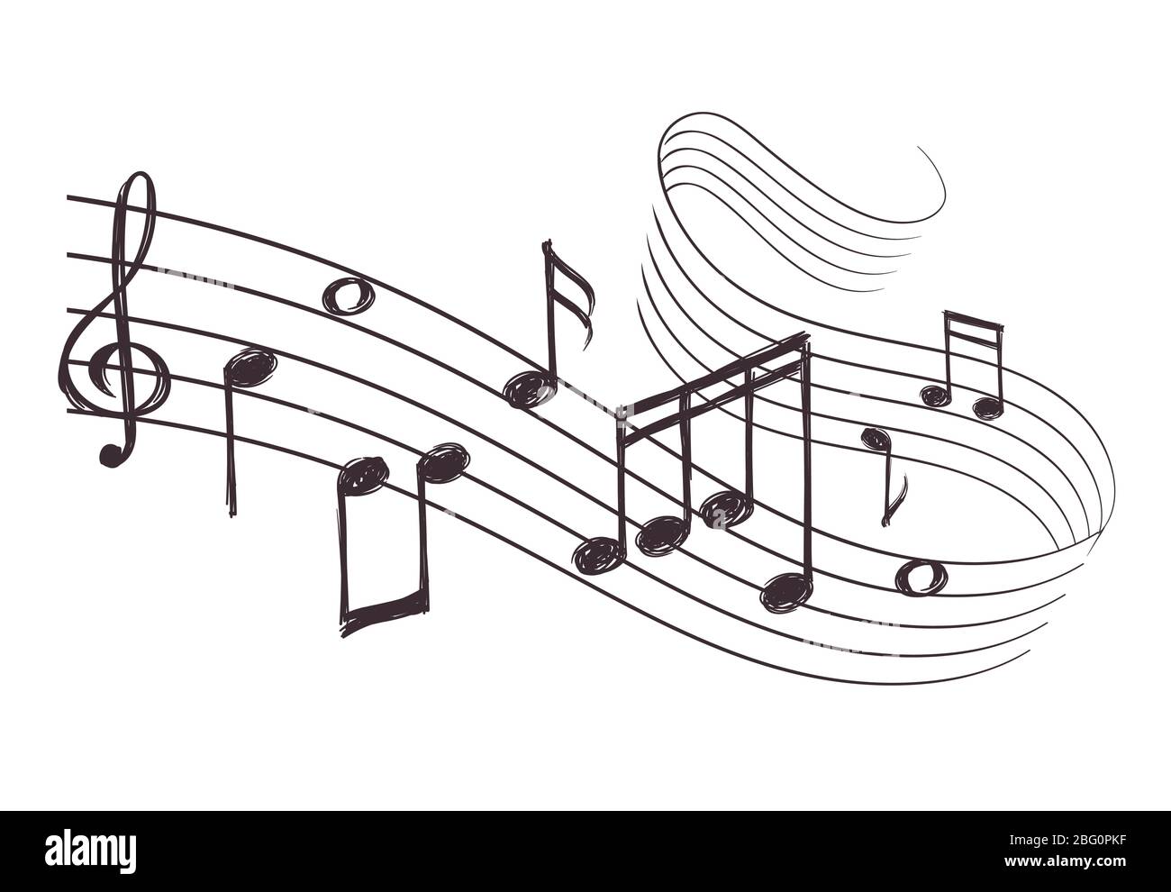 Skizzieren Sie musikalische Klangwelle mit Noten. Handgezeichnete Vektorgrafik. Musik-Notiz Doodle und Audio-Aufnahme Stock Vektor
