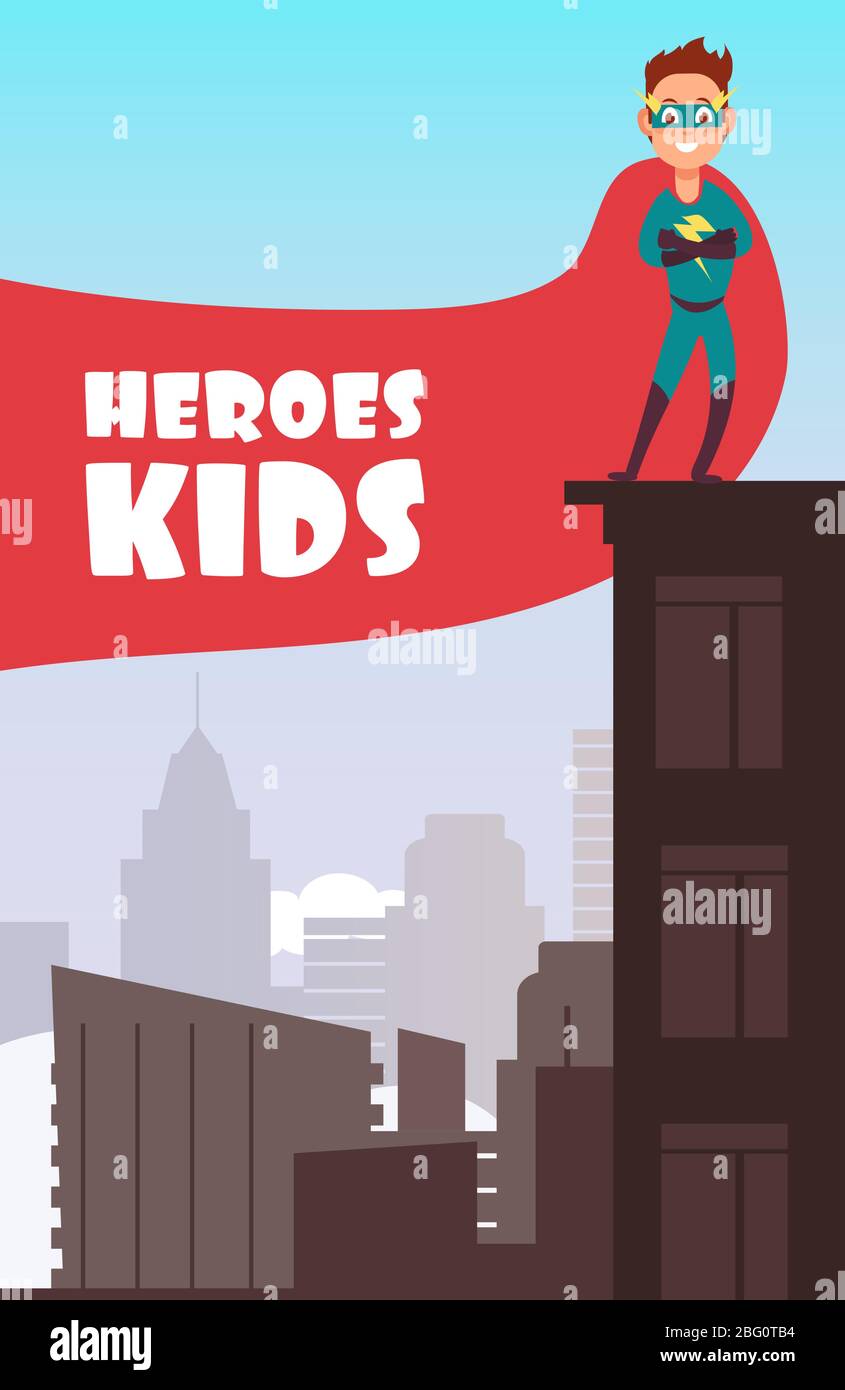Boy Superheld mit rotem Umhang über den Gebäuden der Stadt Vektor Super Kinder Poster. Super Held Junge in Mantel Illustration Stock Vektor