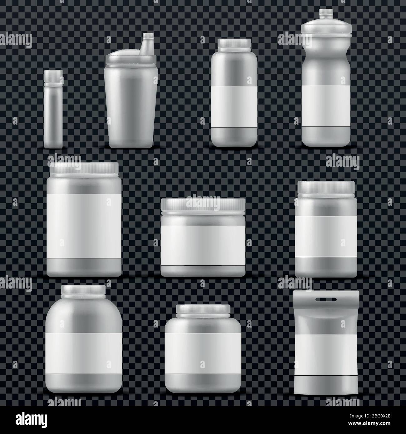 Sport Ergänzung Kunststoff-Jar-Behälter für Getränke und Pulver. Vektorvorlagen isoliert. Sportnahrung Verpackung, Behälter mit Sport Ergänzung f Stock Vektor