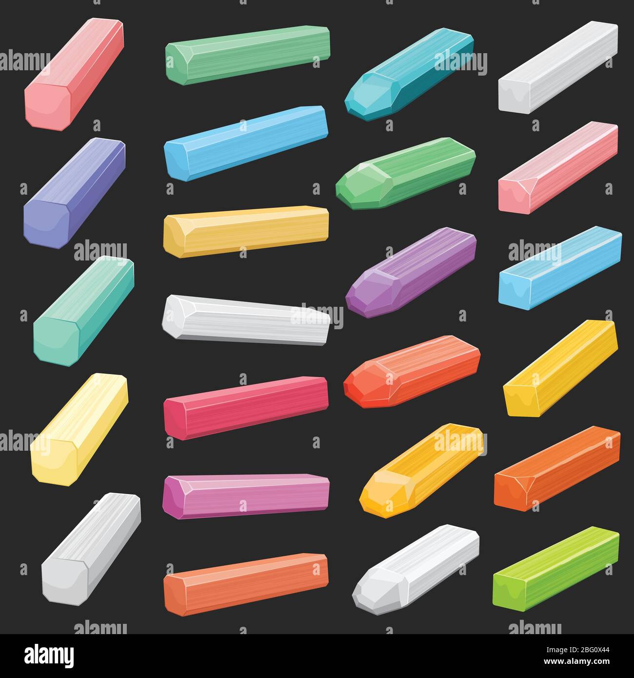 Farbe Kreide Pastell Sticks, Künstler liefert Vektor-Set isoliert. Kreidestab zum Zeichnen, lebendige Schule Kreidekollektion Illustration Stock Vektor