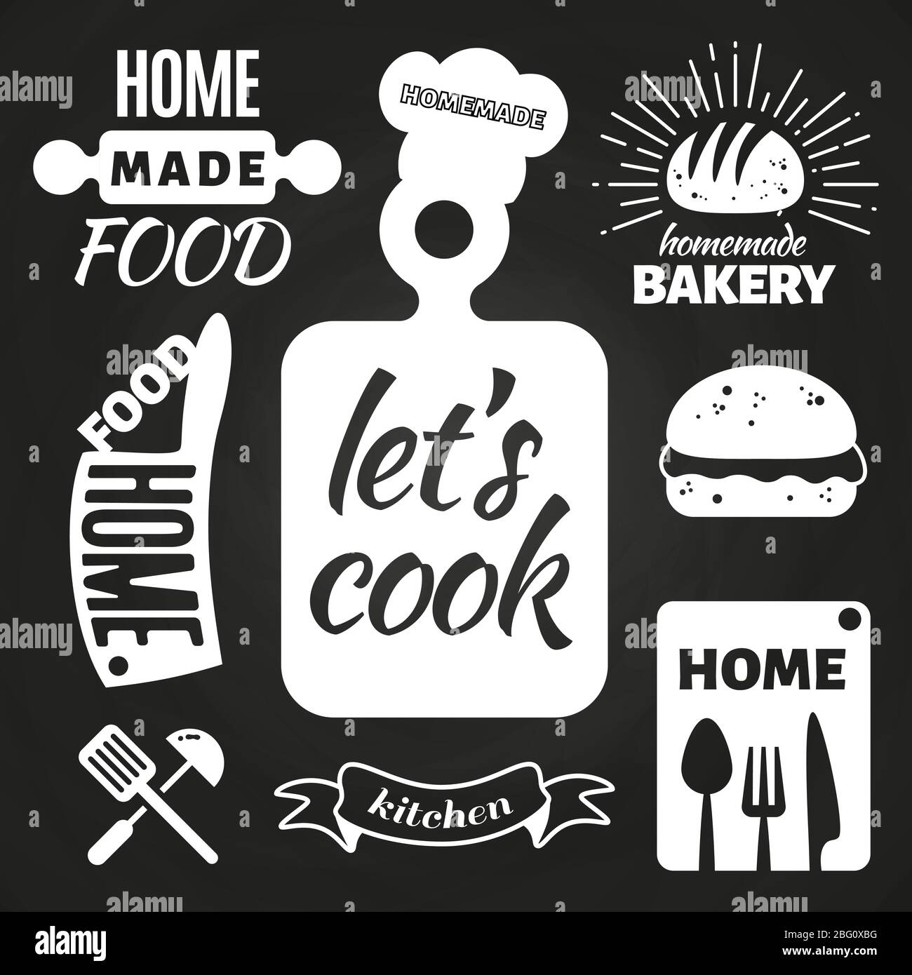 Hausgemachte Bäckerei und Hausmannskost Abzeichen auf Tafel. Vektorgrafik Stock Vektor