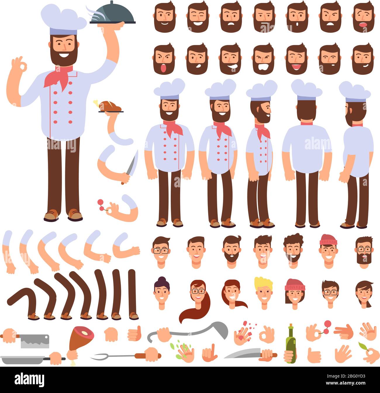 Cartoon Chef animierte Vektor-Erstellung Charakter. Professionelle männliche Koch mit verschiedenen Körperteilen, Gesicht Emotion und Küchengeräte. Animation für Koch Stock Vektor