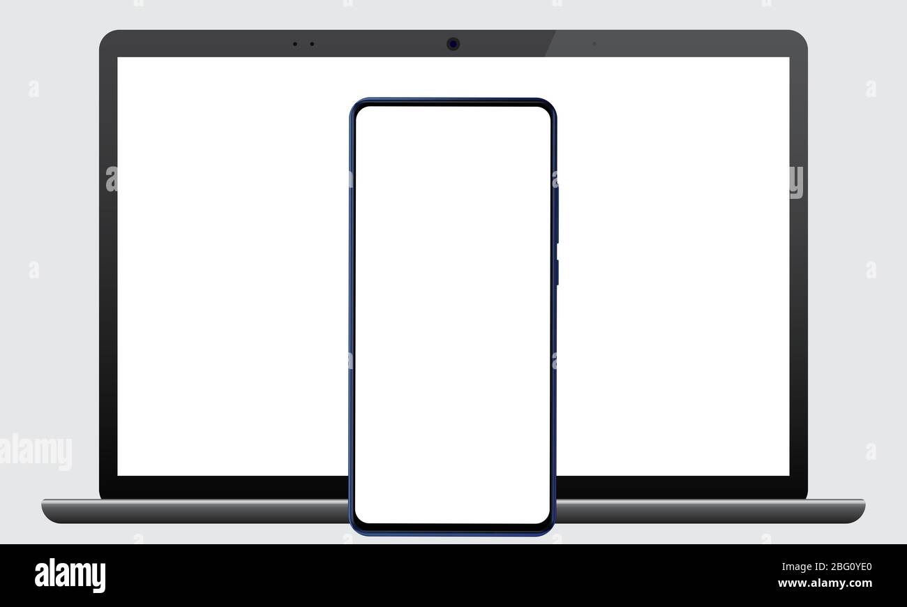Realistische dunkle Laptop und Smartphone-Modell. Vorlage isolierter Geräte. Handy vor einem Laptop für ui ux Application Präsentation Stock Vektor