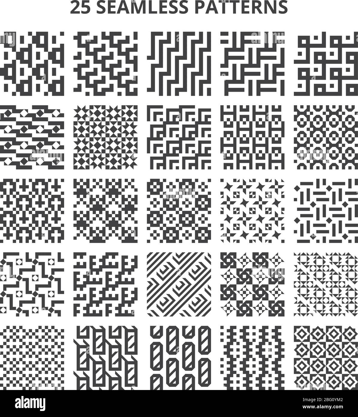 Monochrome nahtlose geometrische Muster. Abstrakte fraktale geometrische Linienvektoren wiederholte Ränder. Nahtlose Muster monochrome Hintergrund Kollektion Stock Vektor