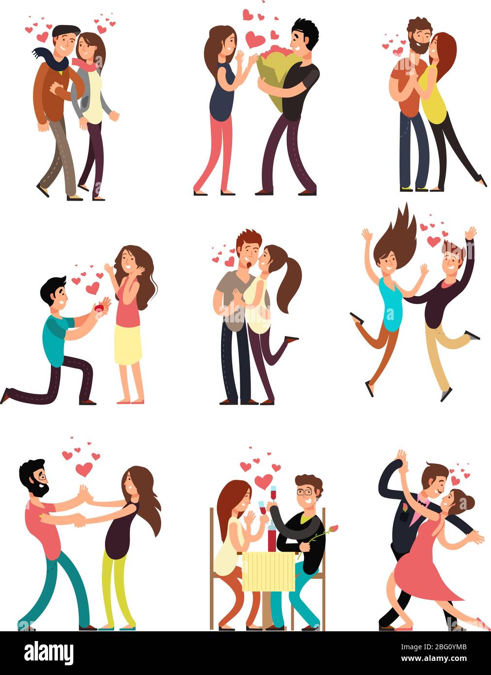 Glücklich junge Paare in der Liebe, Vektor valentine Comic-Figuren auf weißem Hintergrund isoliert Stock Vektor
