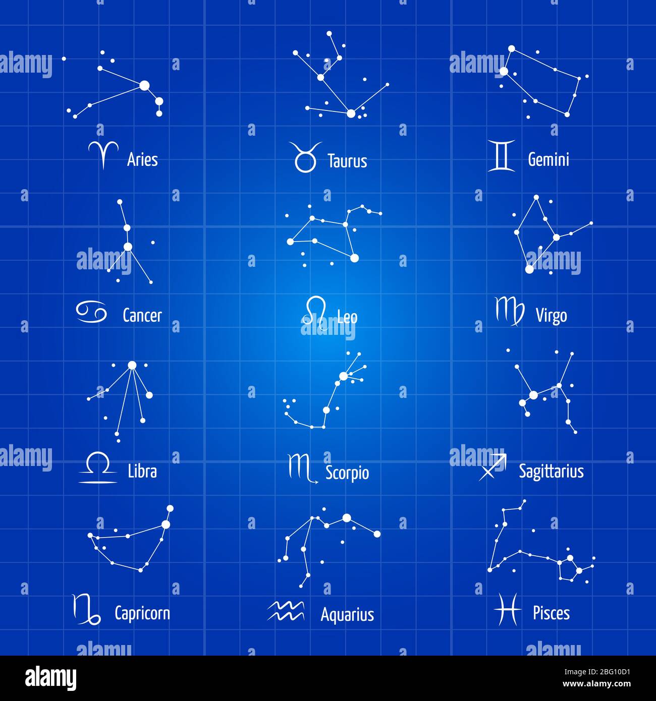 Weiße Sternzeichen Horoskop Symbole Astrologie Symbole Sternbilder Vektorkonstellationen Illustration. Skorpion und waage, wassermann und fische, stier A Stock Vektor