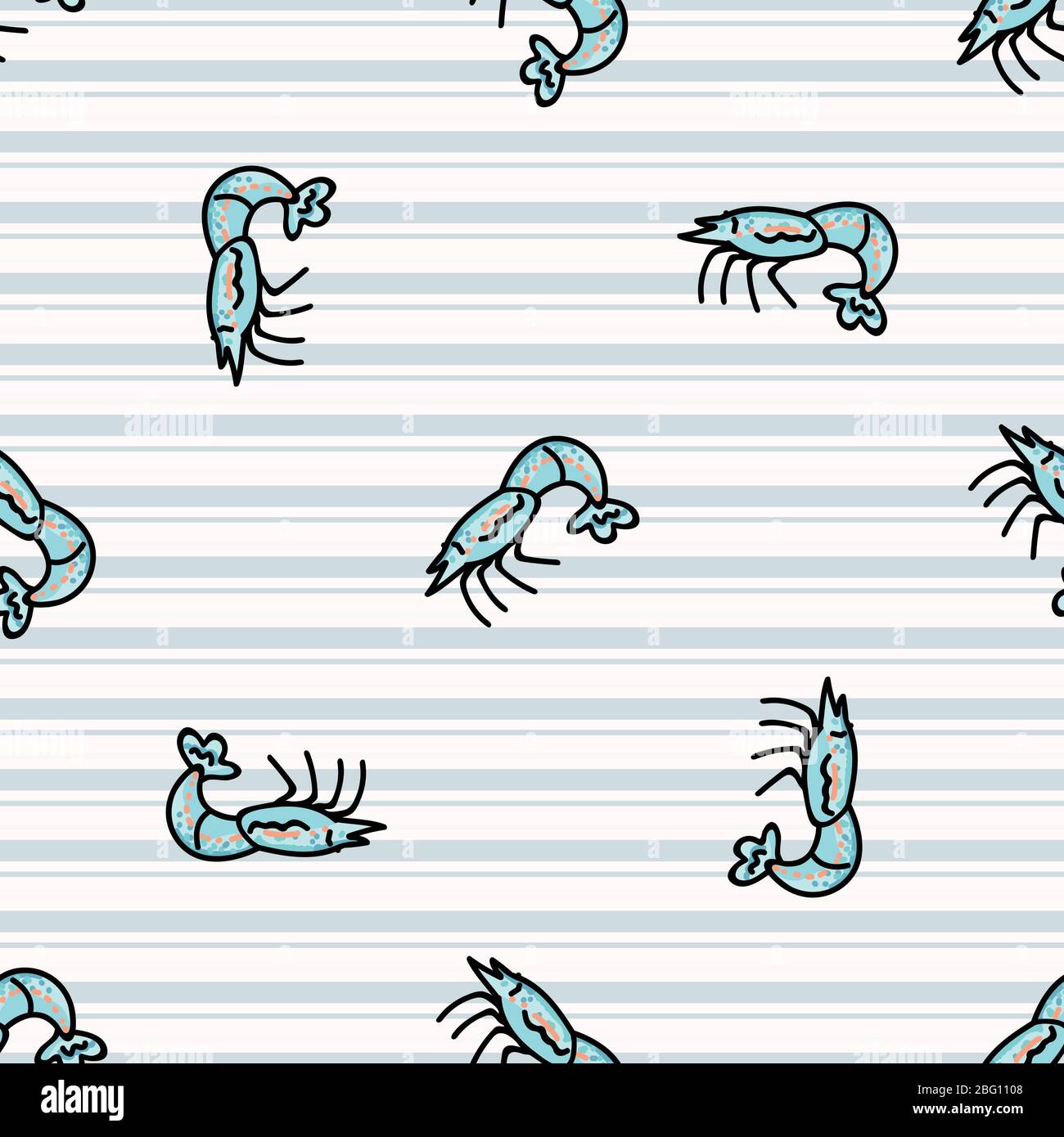 Nette blaue Garnelen Cartoon nahtlose Vektor-Muster. Handgezeichnete Krustentiere für marine Leben Blog. Garnelenarthropod auf der ganzen Seite gedruckt. Tierwelt im Meer Stock Vektor
