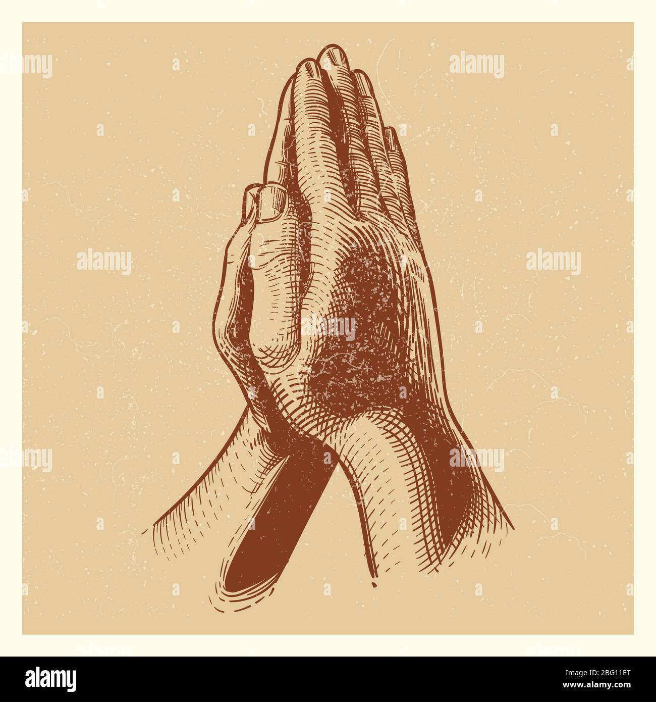 Grunge Poster mit handgezeichneten Gebetshänden. Beten Sie Zeichnung, Glaube Religion und Hoffnung. Vektorgrafik Stock Vektor
