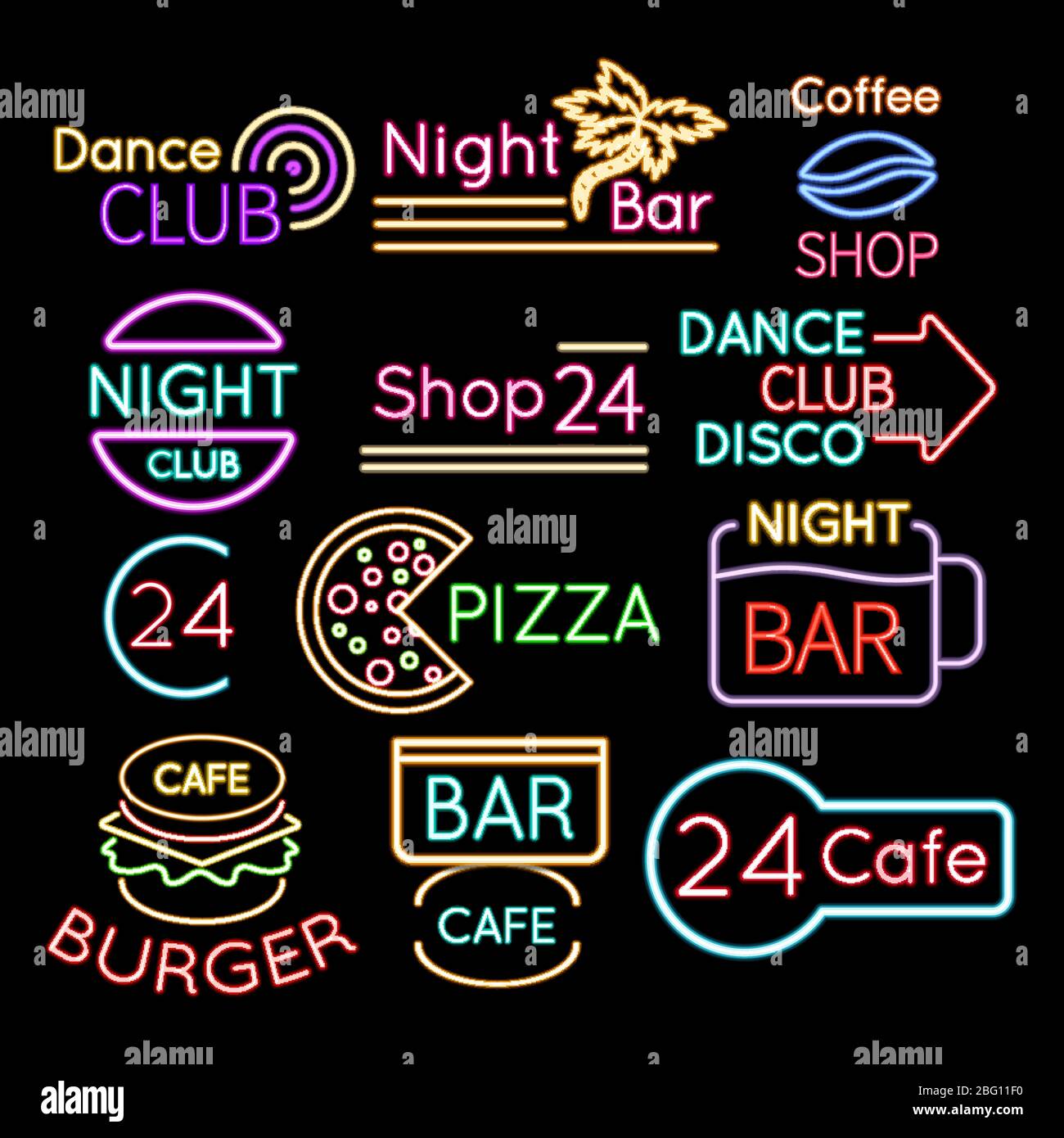 Bar, Dance Club Café Neonschilder isoliert auf schwarzem Hintergrund. Neonschild für Café oder Bar, hell beleuchtetes leuchtendes Banner, Vektorgrafik Stock Vektor