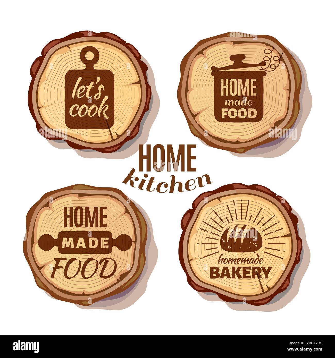 Retro Küche Kochen zu Hause und handgemachte Abzeichen auf Säge geschnitten Baumstämme. Kulinarische Küche hausgemachte Label Kofferraum Holz. Vektorgrafik Stock Vektor