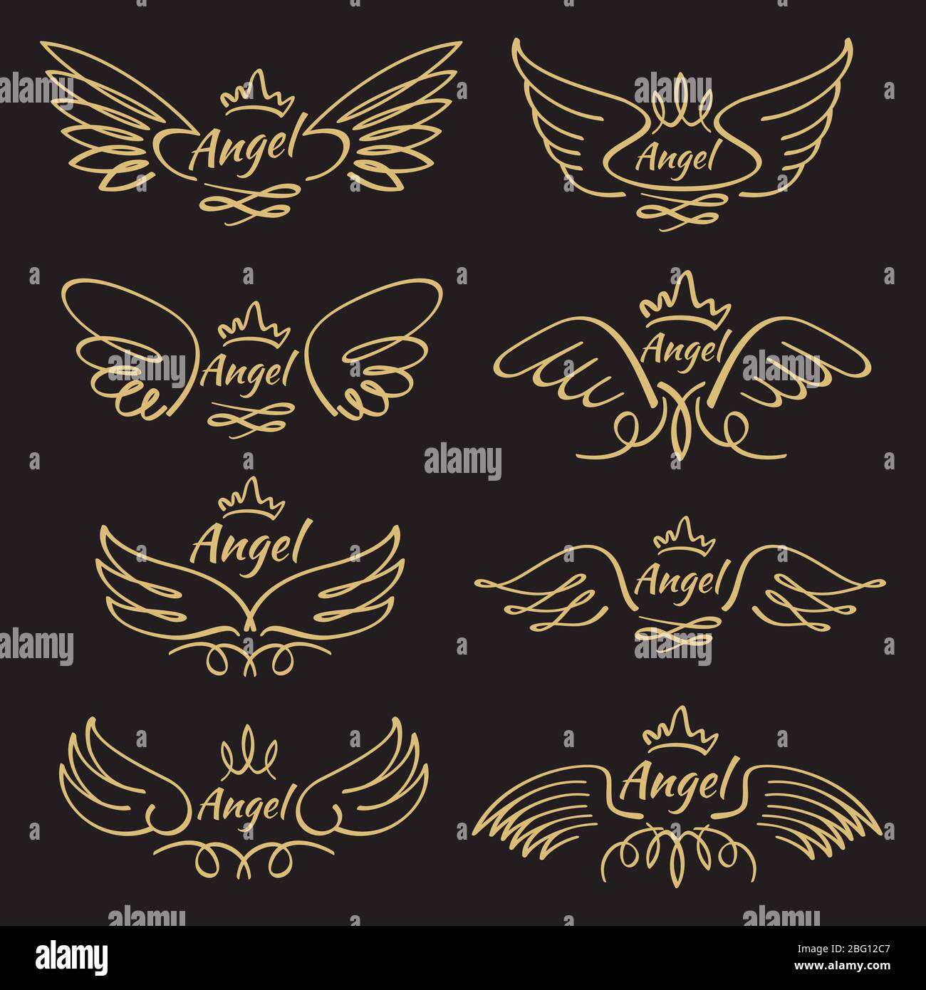 Elegante Engel goldenen fliegenden Flügel auf schwarzem Hintergrund. Fliegender Engel mit Flügelfeder, goldener linearer Flügel, Vektorgrafik Stock Vektor