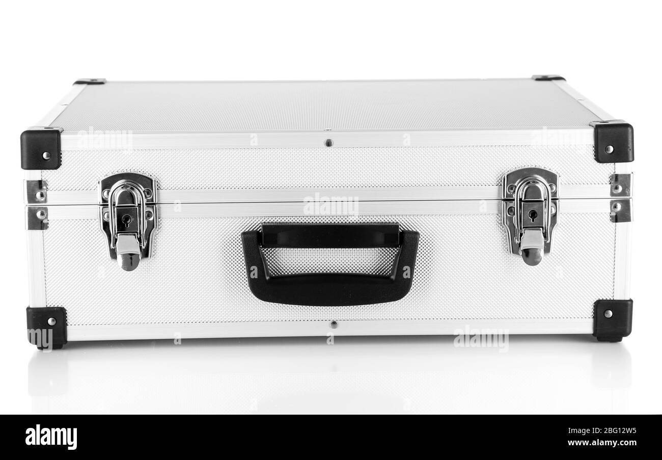 Geschlossenes silbernes Gehäuse isoliert auf weiß Stockfoto