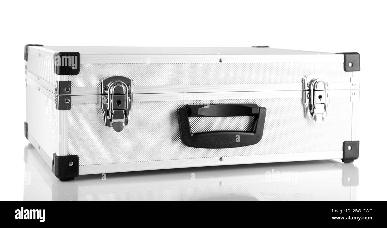 Geschlossenes silbernes Gehäuse isoliert auf weiß Stockfoto
