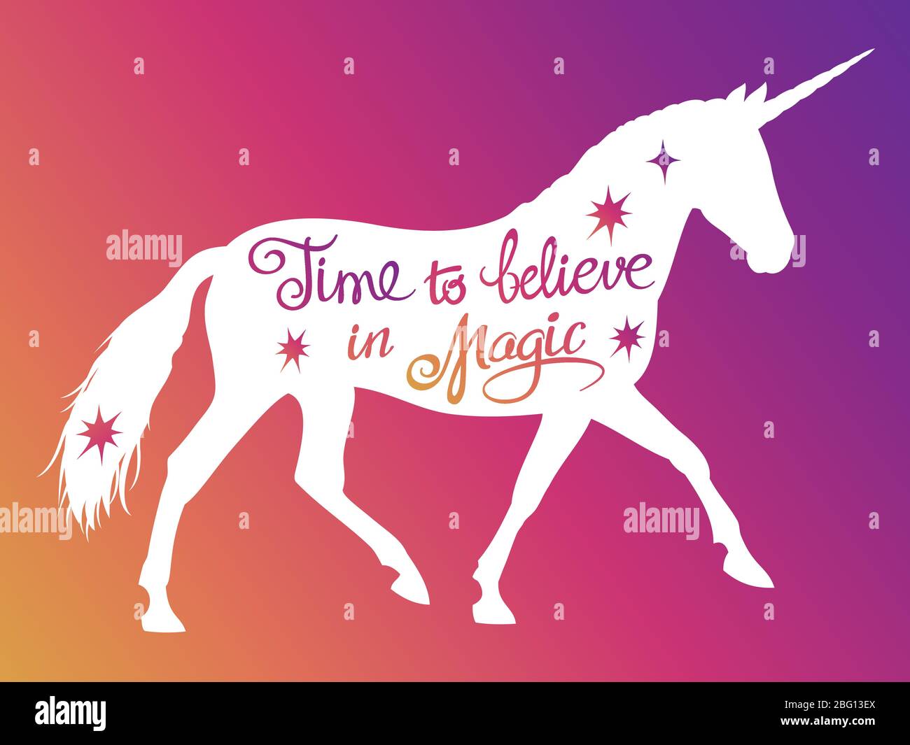 Mythische rebellische Einhorn Silhouette mit positiven Phrase Schriftzug Magie. Vektorgrafik Stock Vektor