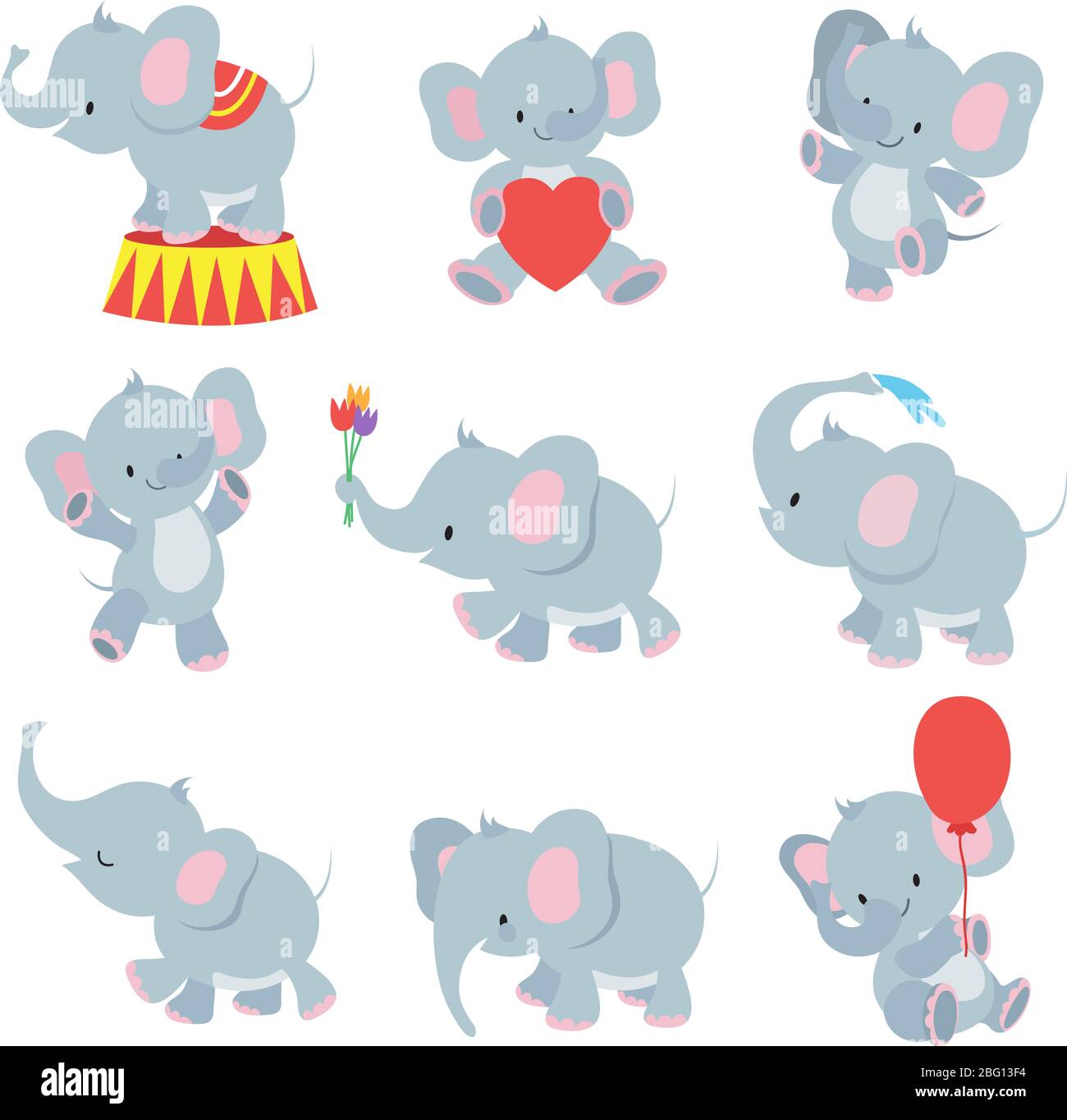 Lustige Cartoon Baby Elefanten Vektor Sammlung für Kinder Aufkleber. Elefant lustige Charakter mit Blume und Luftballon Illustration Stock Vektor