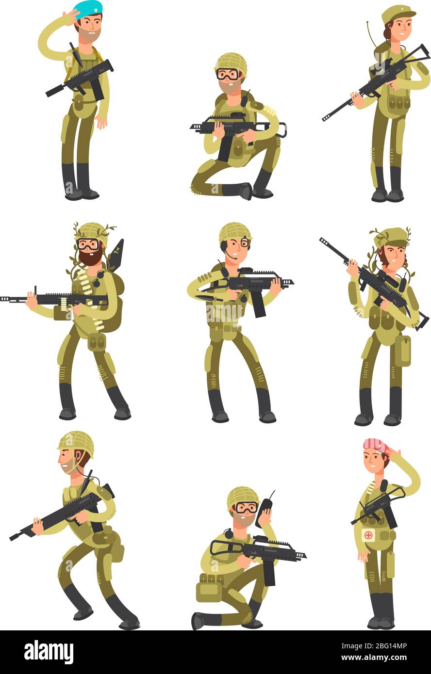 Cartoon Soldaten in verschiedenen Aktionen. Militärmänner mit Waffen. Menschen in Armee Vektor gesetzt. Militärische Soldat Aktion, Cartoon Mann mit Waffe illustrati Stock Vektor