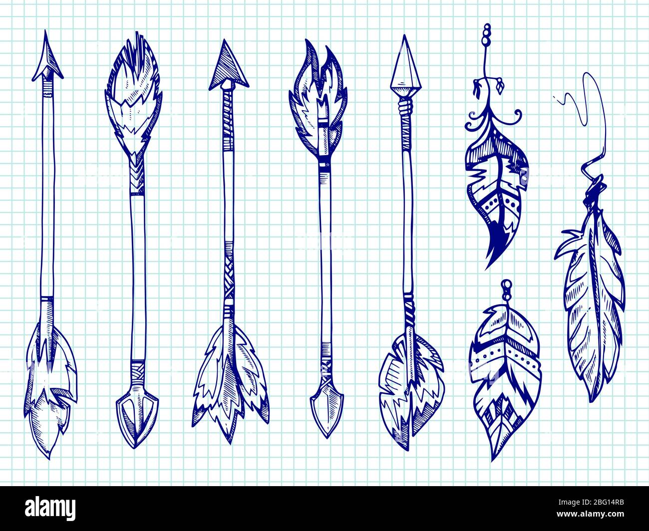 Kugelschreiber Federn und Pfeile auf Notizbuchseite gesetzt. Pfeilfederzeichnung, indische und aztekische Pfeilspitze Stock Vektor