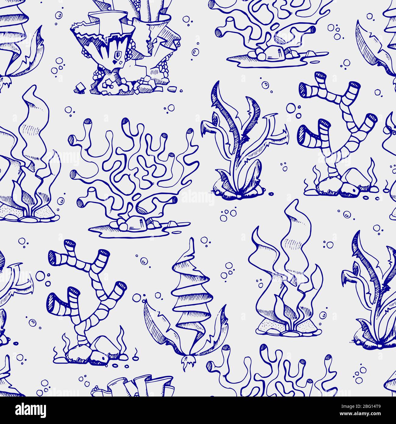 Doodle Algen und Korallen nahtlose Muster Hintergrund von Hand gezeichnet. Vektorgrafik Stock Vektor