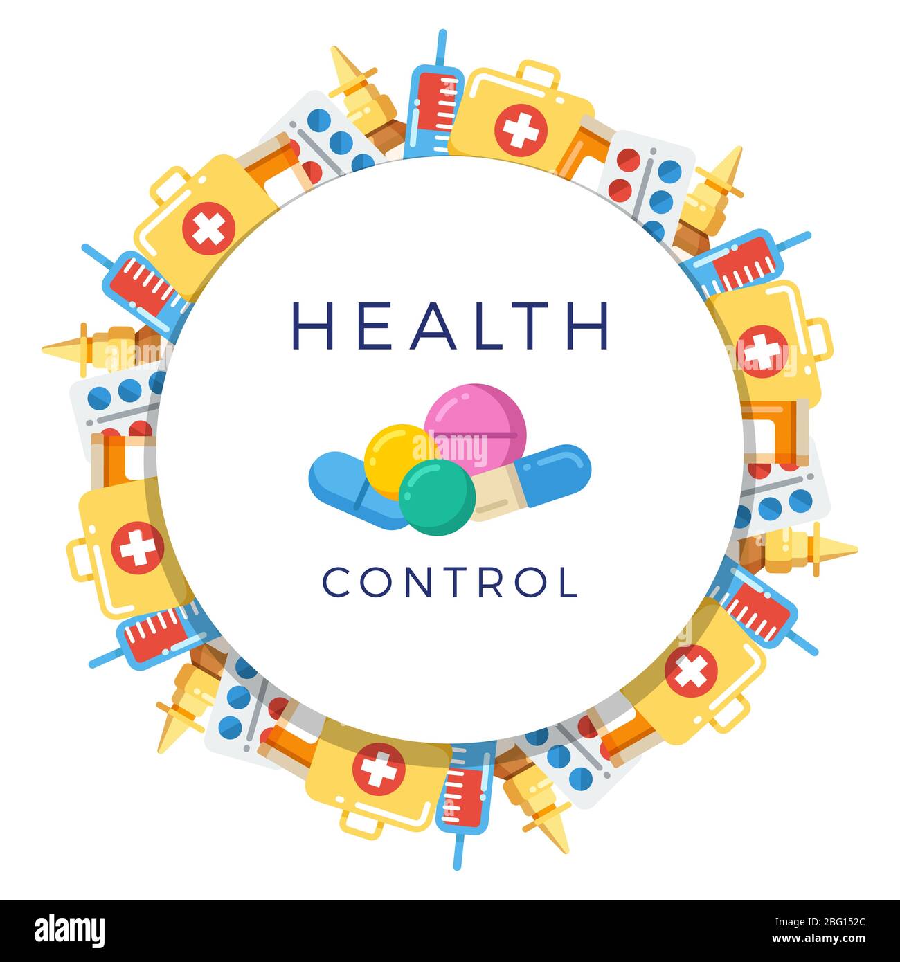 Pillen, Medikamente, Apotheke Medizin rund Banner Poster Design. Vektorgrafik Stock Vektor