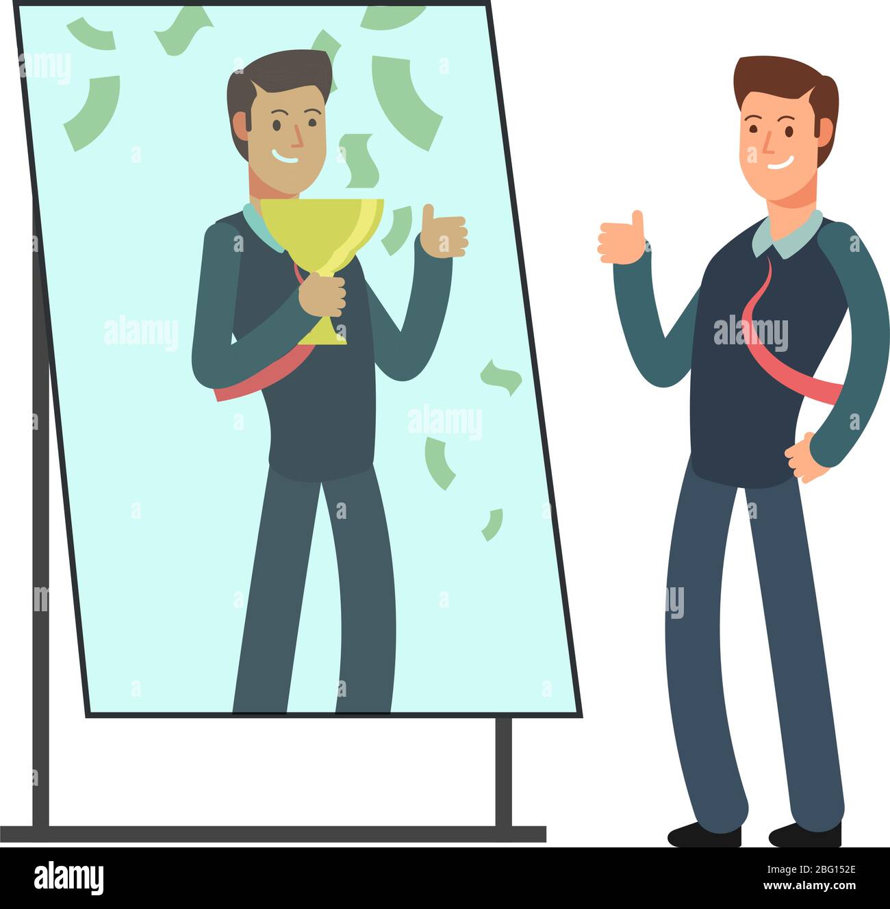 Geschäftsmann sucht sich glücklich und erfolgreich in Spiegelreflexion. Erfolg im Business und Gewinner Vektor-Konzept. Abbildung des Zeichen Busine Stock Vektor