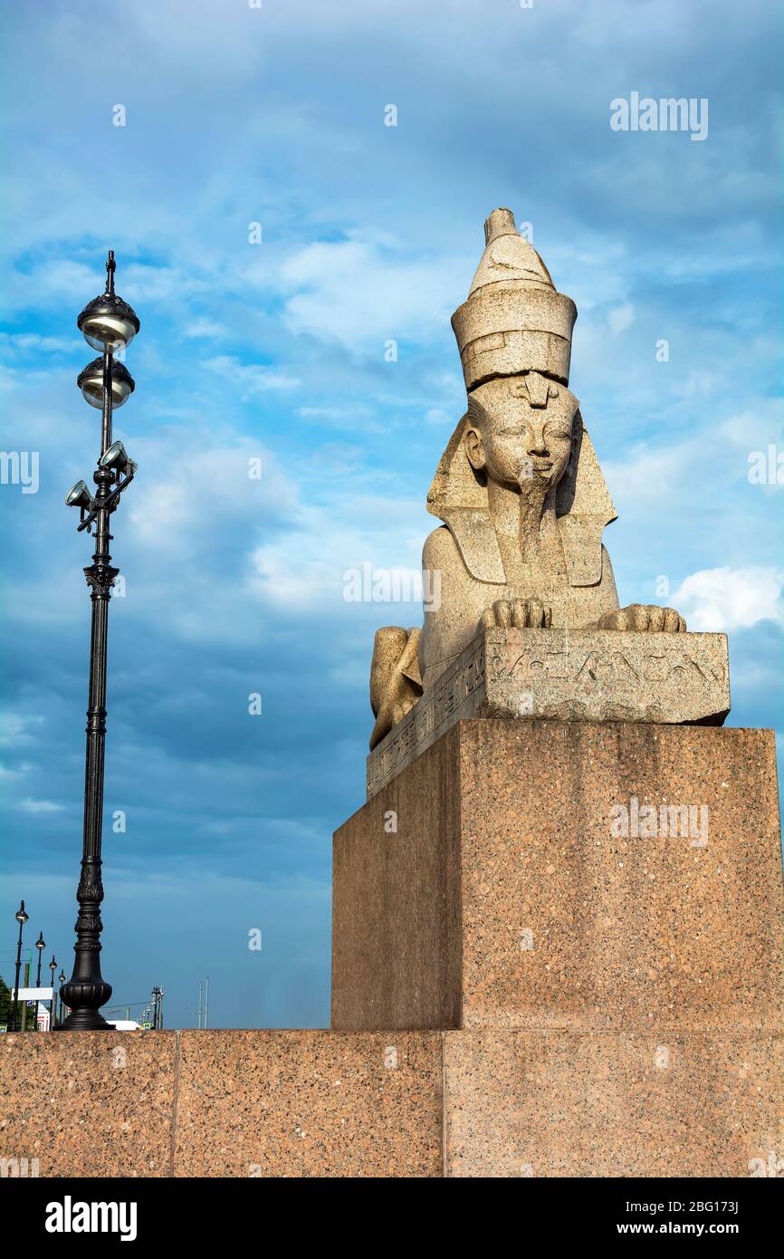 Sankt Petersburg, alte ägyptische Sphinx-Statue auf dem Universitätsdamm Stockfoto